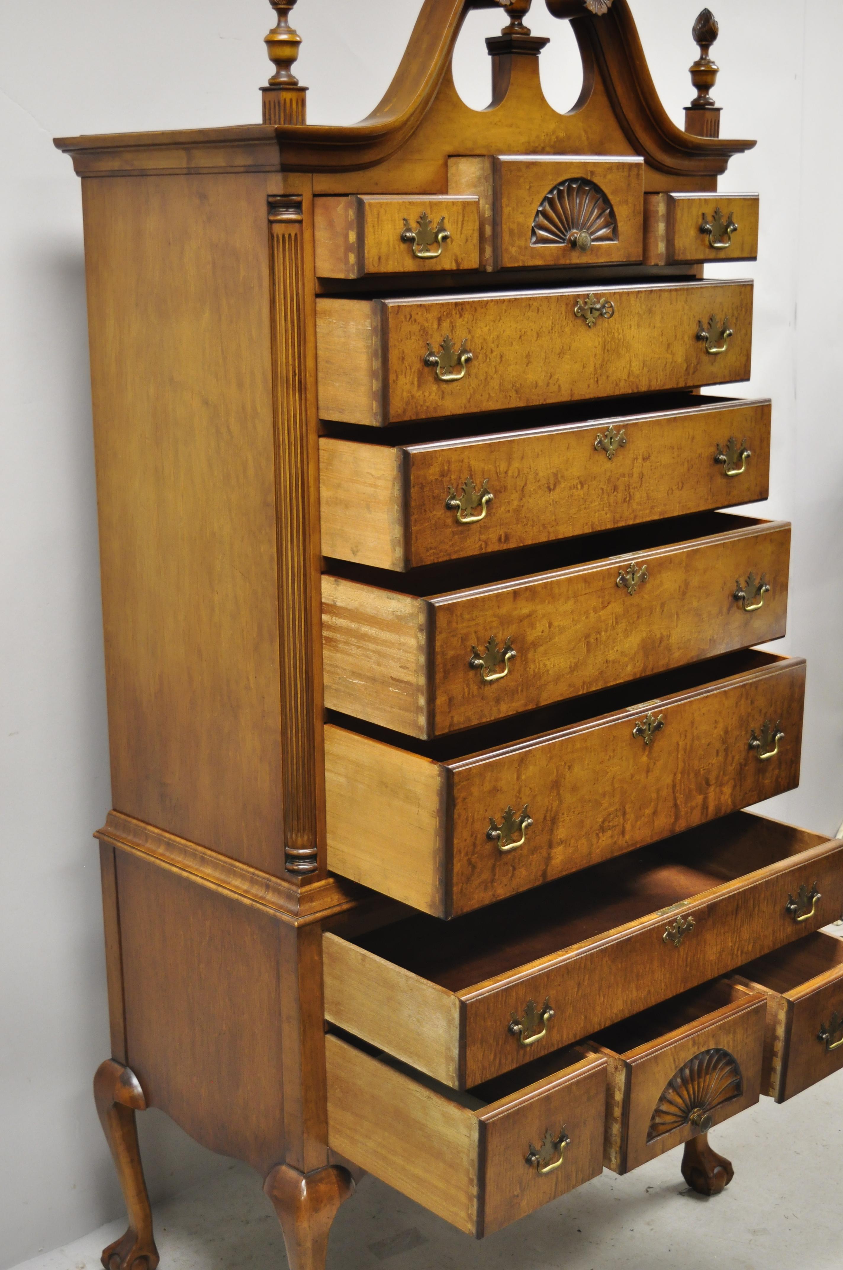 R.H. Macy & Co Birdseye Maple Chippendale Ball and Claw Highboy Armoire Dresser In Good Condition In Philadelphia, PA