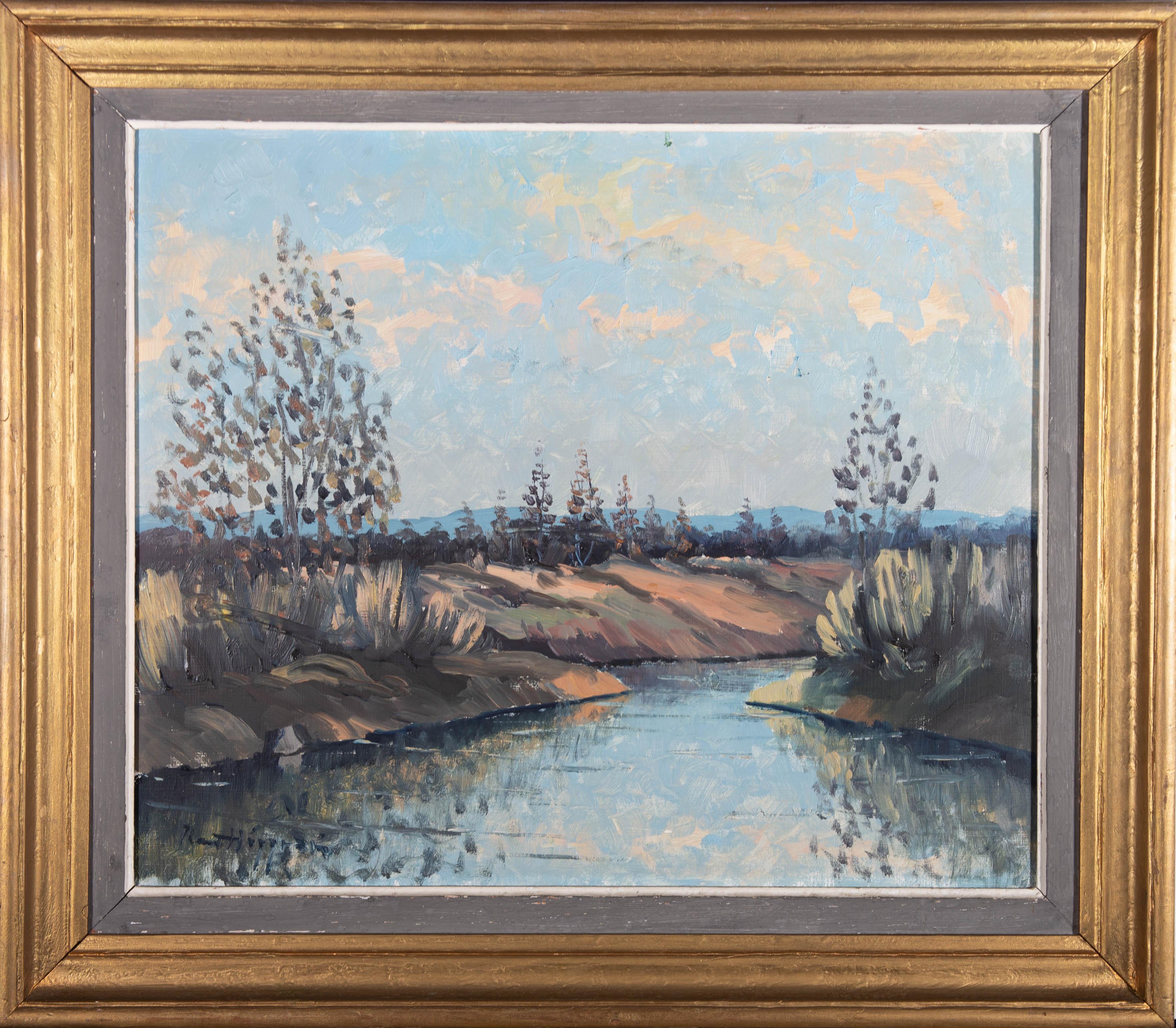 A charming oil painting, depicting a river view with mountains in the distance. Signed partially illegibly to the lower left-hand corner. Presented in a grey slip and in a gilt-effect frame, as shown. On board.
