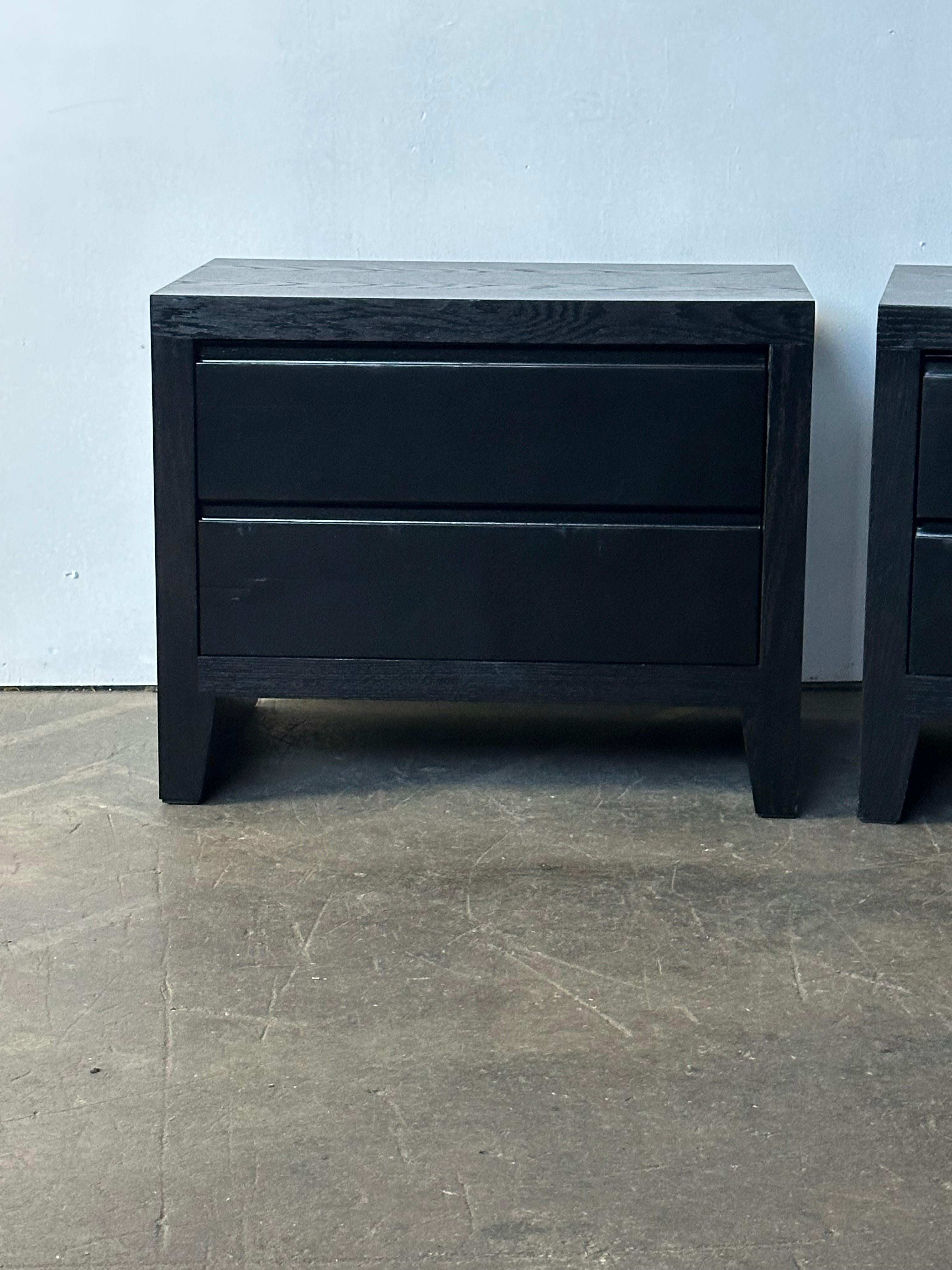 Handsome pair of Wyeth nightstands by Restoration Hardware. Signed and authentic. Heavy and very sturdy. Well built with solid quality materials. Show normal signs of use. Generous surface space for large lamps, sculpture, books, iPad, coffee, etc.
