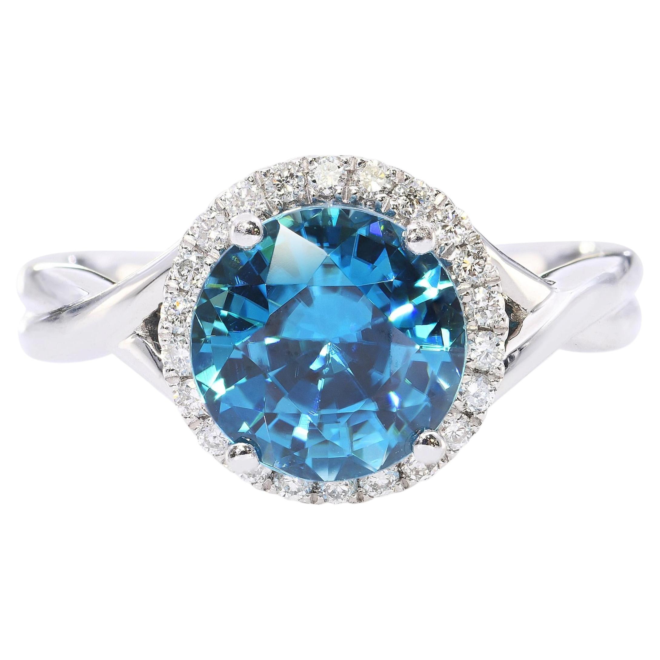 Rhapsody Platinum 2.20ct Blue Zircon and Diamond Halo Ring For Sale