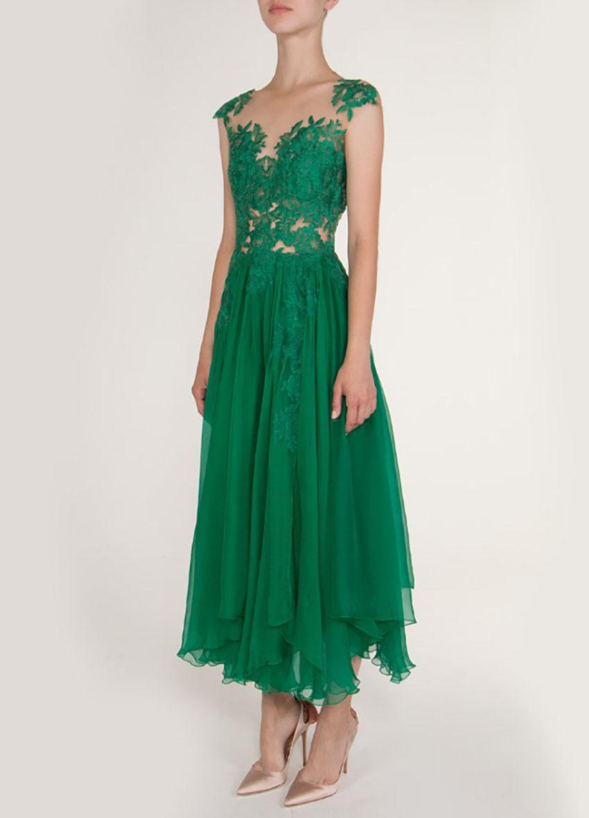 RHEA COSTA GREEN SILK DRESS WITH LACE Sz IT 40 - US 4 In New Condition In Montgomery, TX