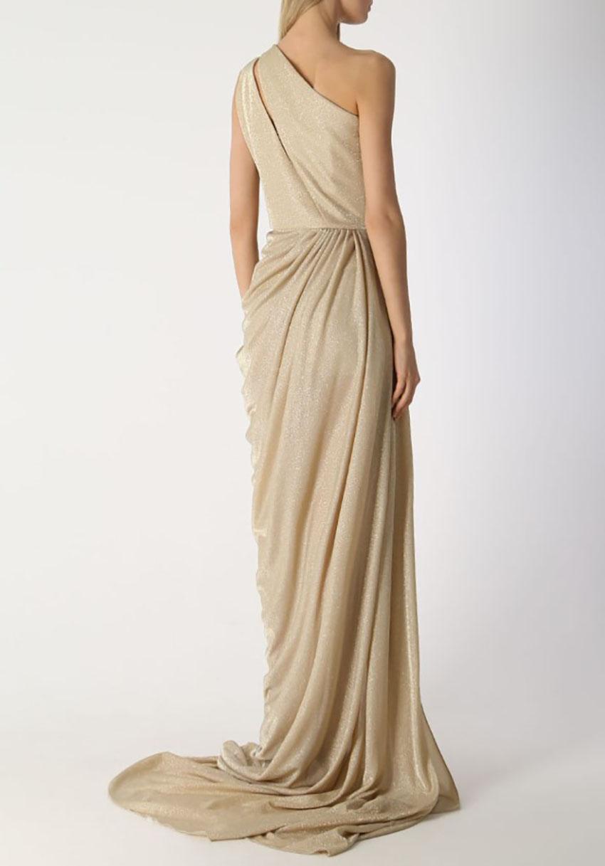 RHEA COSTA LIGHT GOLD COLOR LONG DRAPED DRESS Sz IT 44 - US 8 In New Condition In Montgomery, TX
