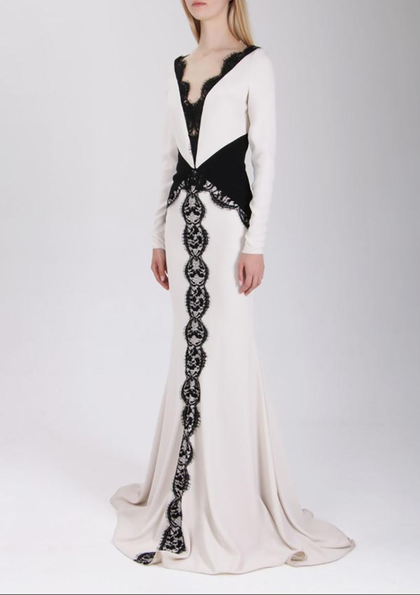 RHEA COSTA WHITE EVENING LONG DRESS WITH BLACK LACE Sz IT 38 - US 2  In New Condition In Montgomery, TX