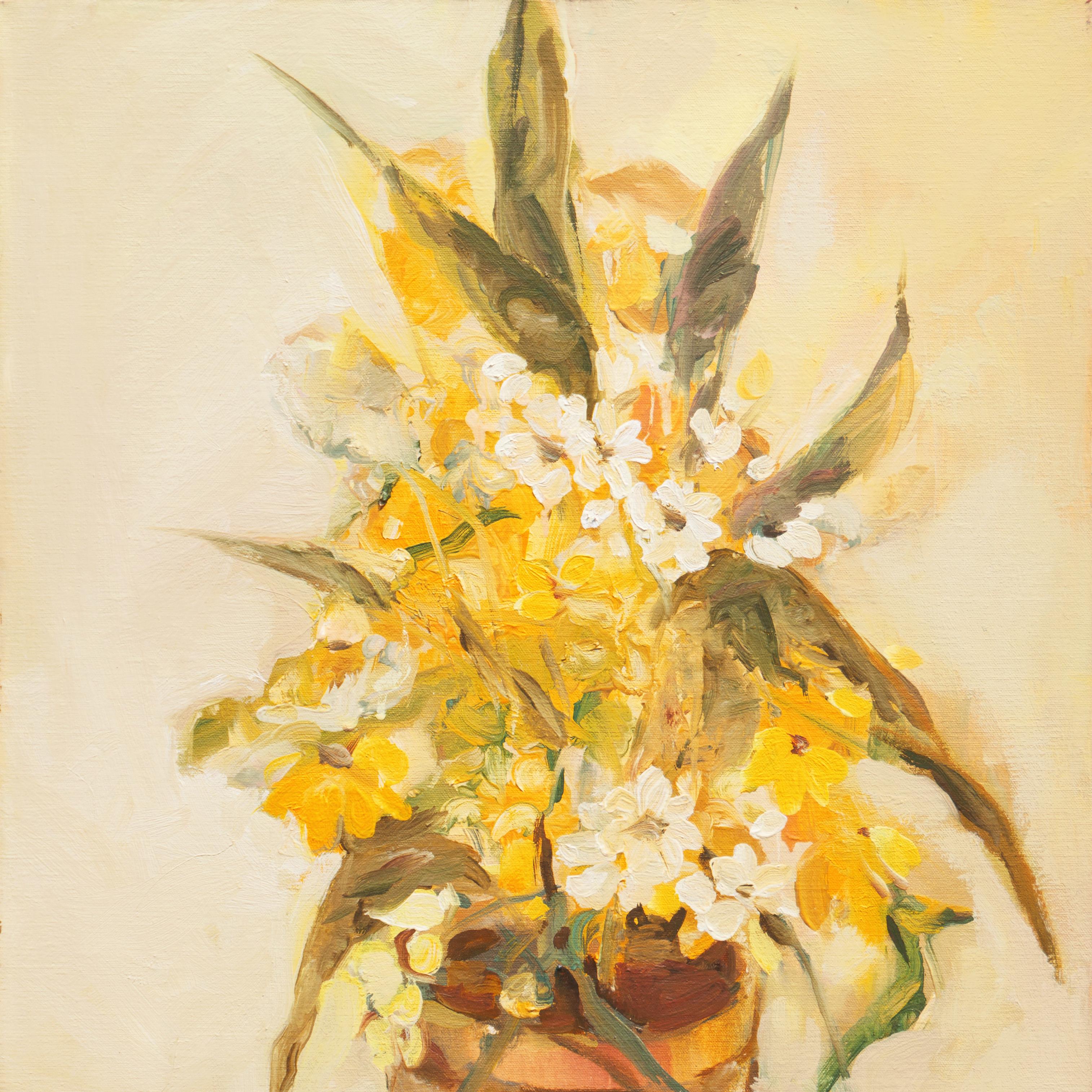 'Yellow and White Daisies in a Brass Planter', Nature morte irlandaise du milieu du siècle dernier - Impressionnisme Painting par Rheal