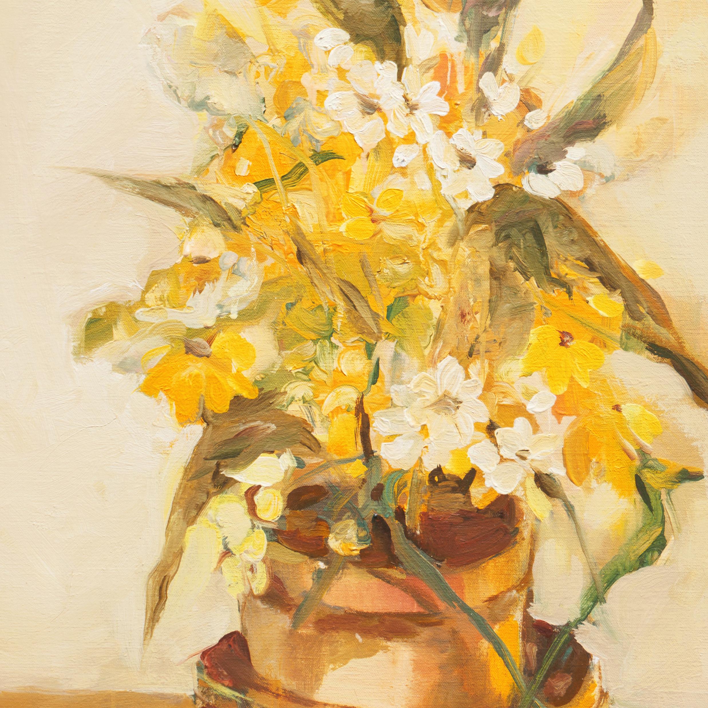 'Yellow and White Daisies in a Brass Planter', Mid-Century Irish Still Life - Impressionist Painting by Rheal