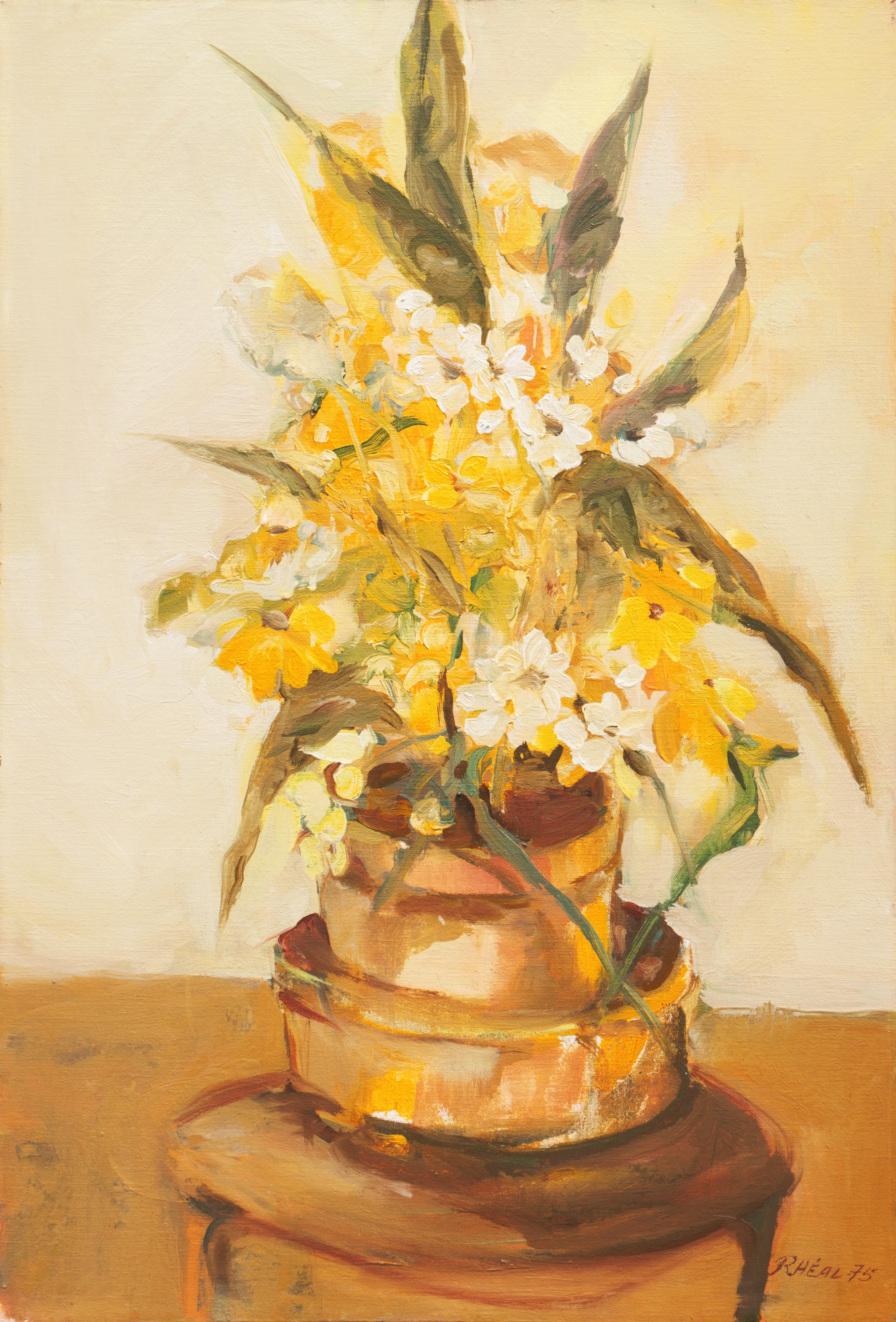 Interior Painting Rheal - 'Yellow and White Daisies in a Brass Planter', Nature morte irlandaise du milieu du siècle dernier