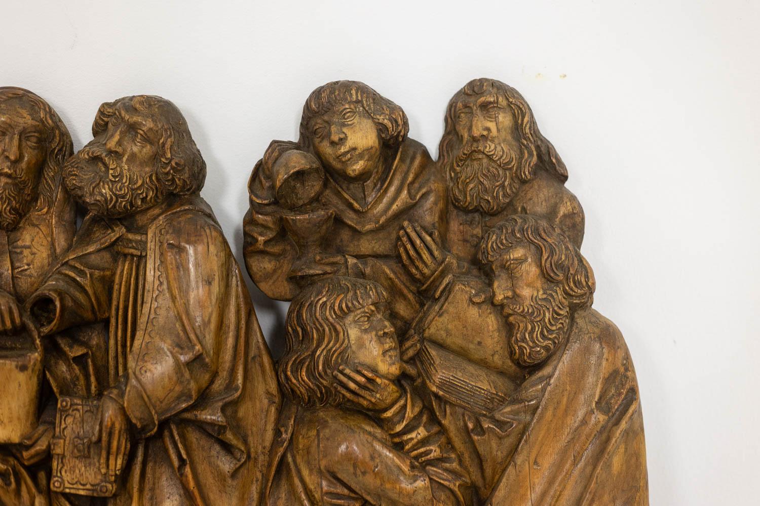 Rheinischer Altaraufsatz, Dormitio in Holz, geschnitzt im Flachrelief, 19. im Angebot 3