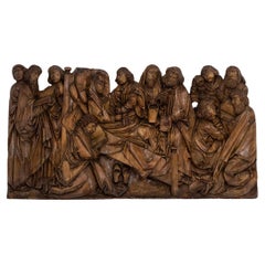 Rheinischer Altaraufsatz, Dormitio in Holz, geschnitzt im Flachrelief, 19.