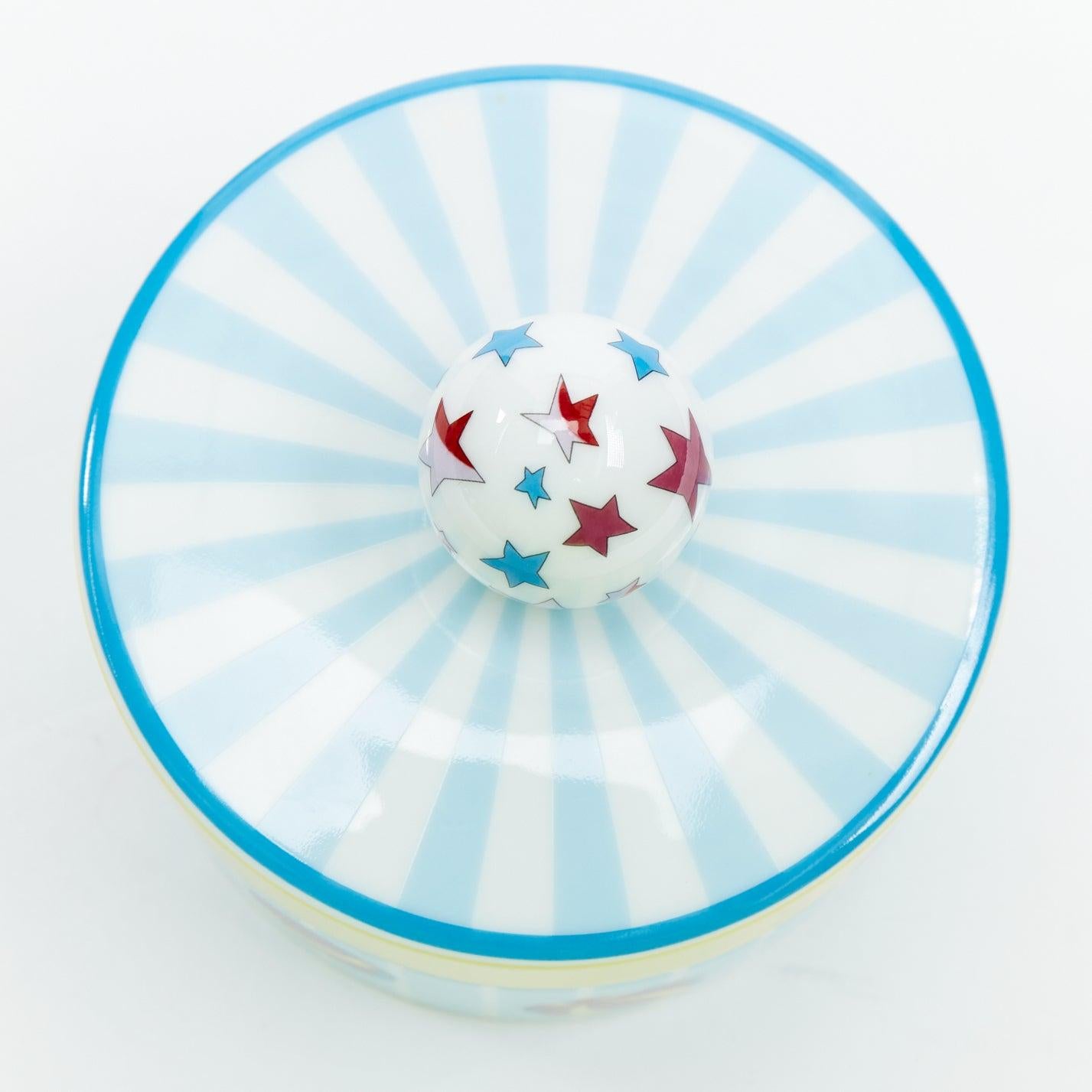 Women's RHERMES Circus Round Box blue yellow white star balls porcelain container For Sale