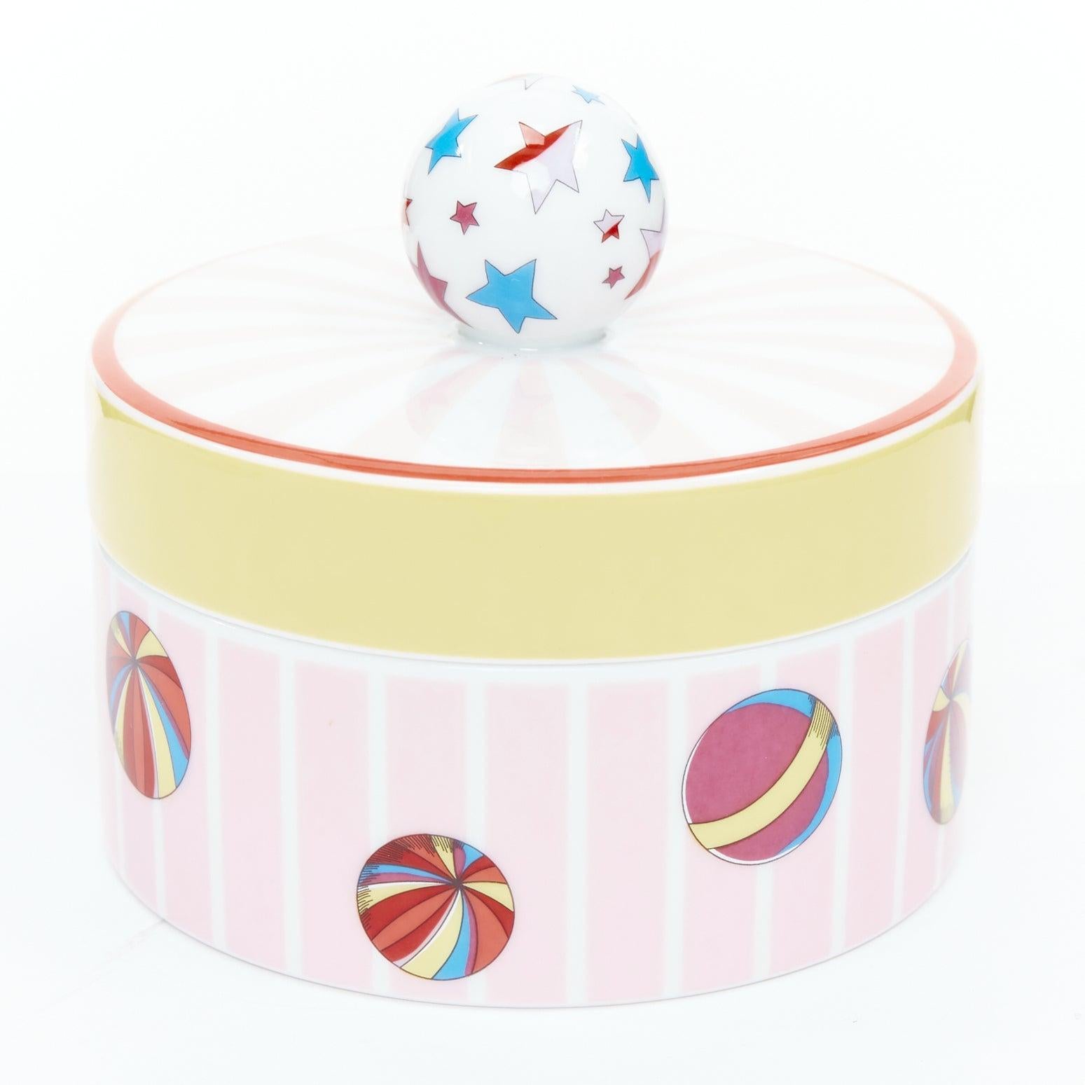 RHERMES Caja redonda circo rosa amarillo blanco estrella bolas recipiente porcelana en Bueno estado para la venta en Hong Kong, NT