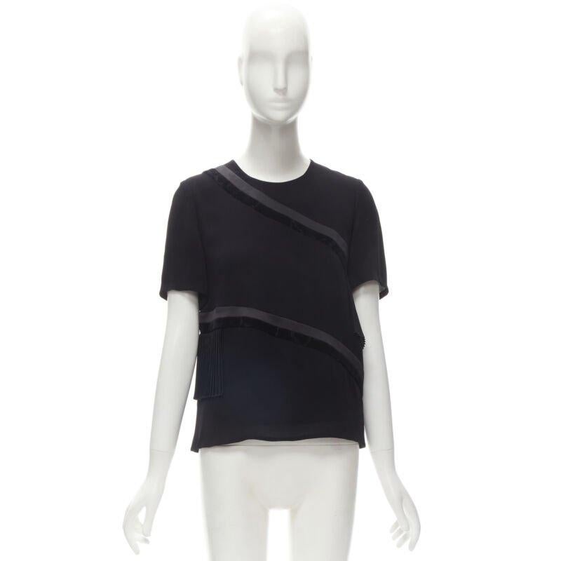 RHIE - top in velluto satinato nero con volant plissettato US2 S in vendita 5