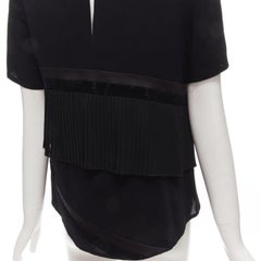 RHIE black satin velvet trim pleated ruffle boxy top US2 S