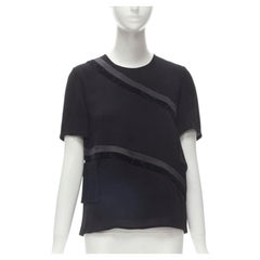 RHIE black satin velvet trim pleated ruffle boxy top US2 S