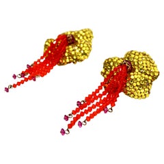 Rhinestone & Beaded Flower Fringe Clip-On Earrings circa 1970s