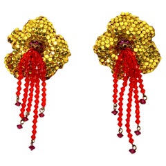 Rhinestone 
Beaded Flower Fringe Clip-On Earrings circa 1970s
