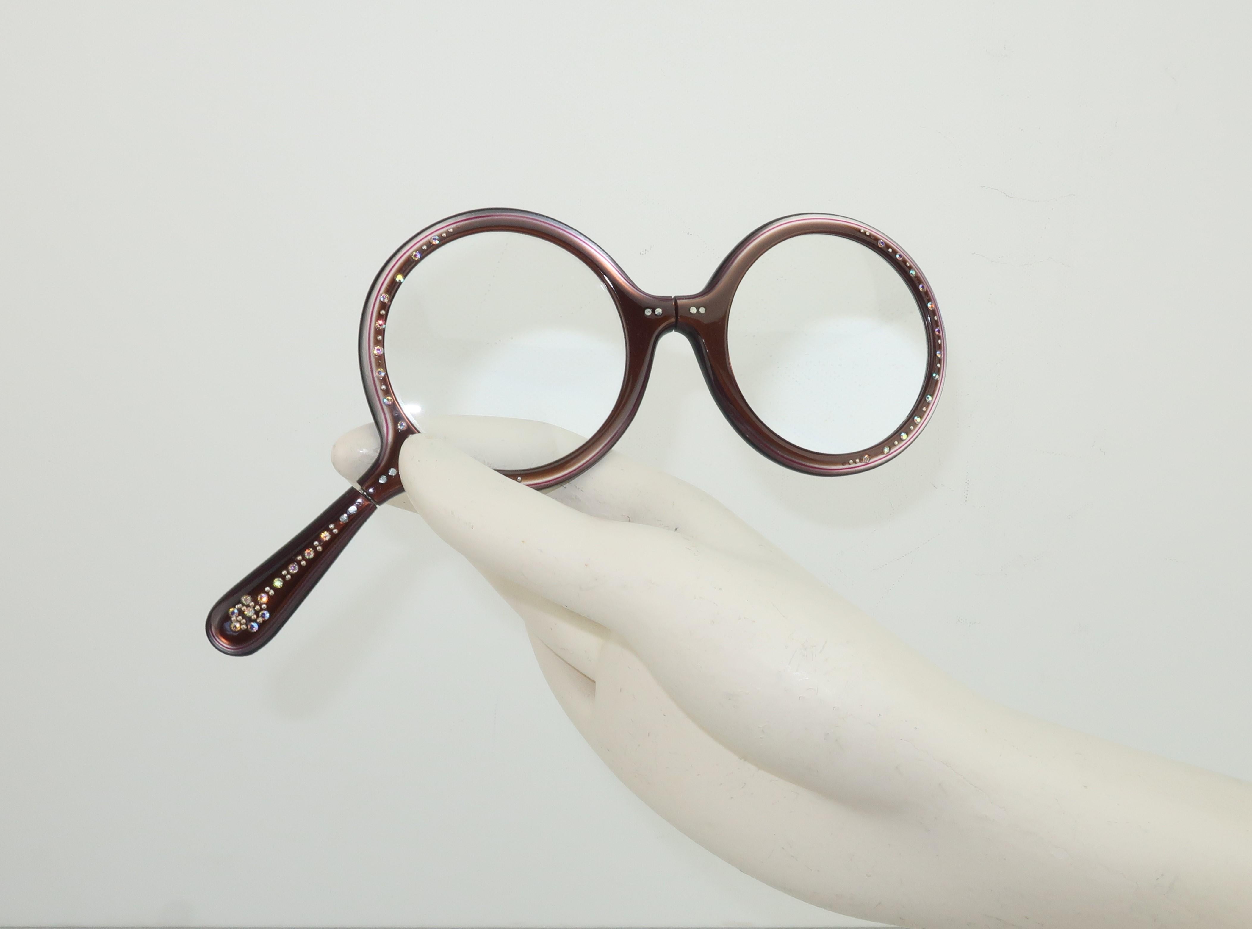 Women's Rhinestone Encrusted Brown Lorgnette Reader Glasses, 1960's