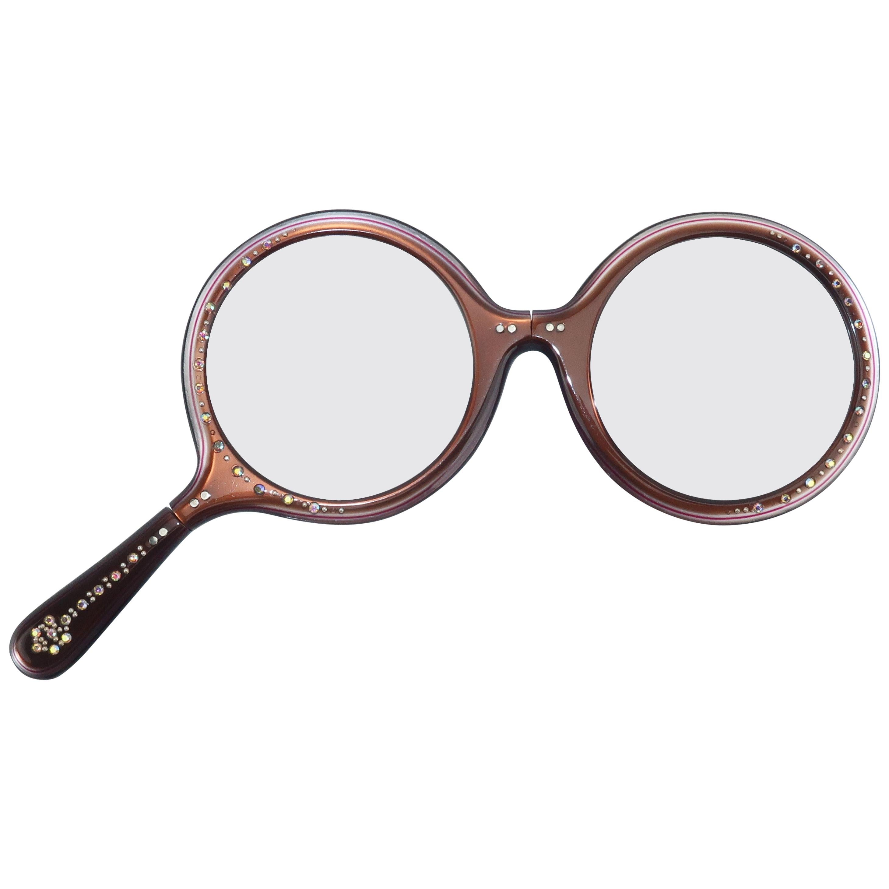 Rhinestone Encrusted Brown Lorgnette Reader Glasses, 1960's