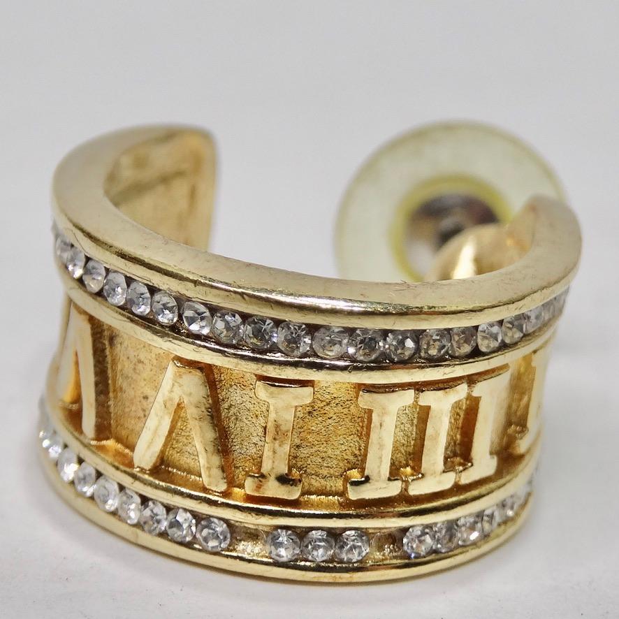 Rhinestone Gold Plated Roman Numeral Hoop Earrings In Good Condition For Sale In Scottsdale, AZ