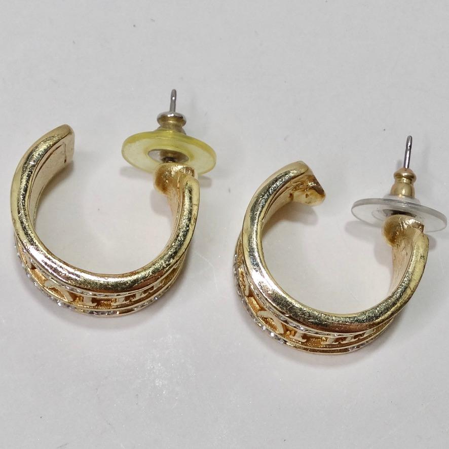 Women's or Men's Rhinestone Gold Plated Roman Numeral Hoop Earrings For Sale
