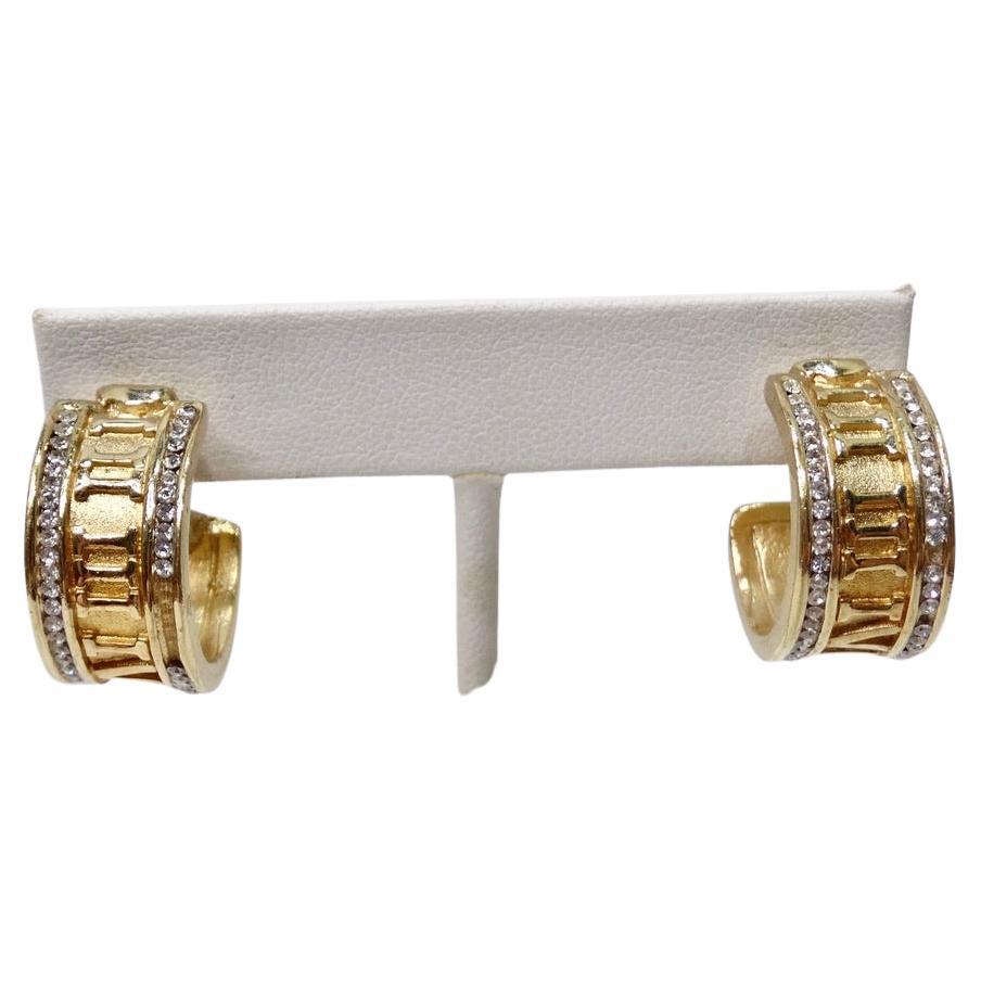 Rhinestone Gold Plated Roman Numeral Hoop Earrings For Sale
