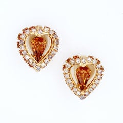 Rhinestone Heart Earrings With Smoked Topaz Crystals By Joseph Warner, 1960s