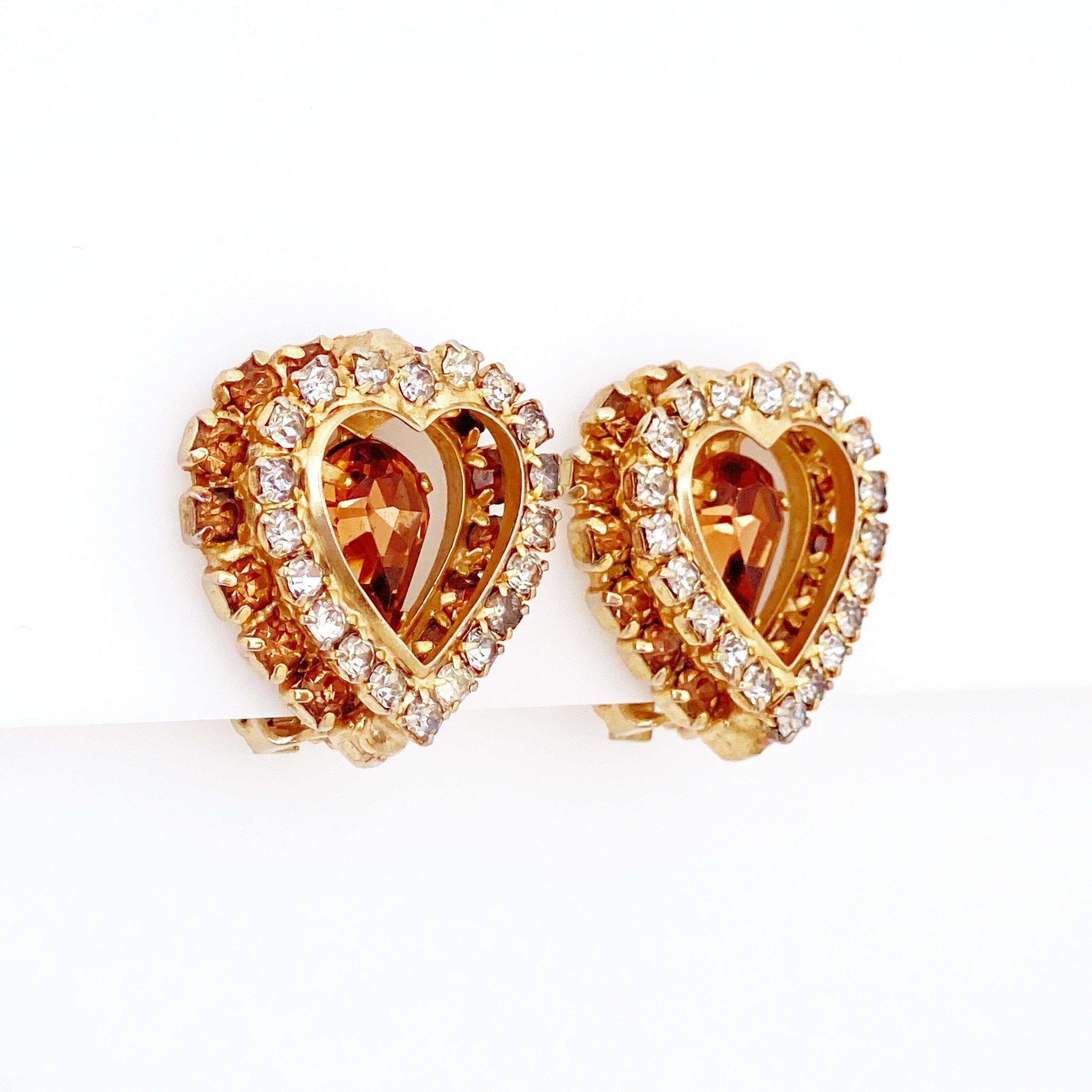 Modern Rhinestone Heart Earrings With Smoked Topaz Crystals By Joseph Warner, 1960s For Sale