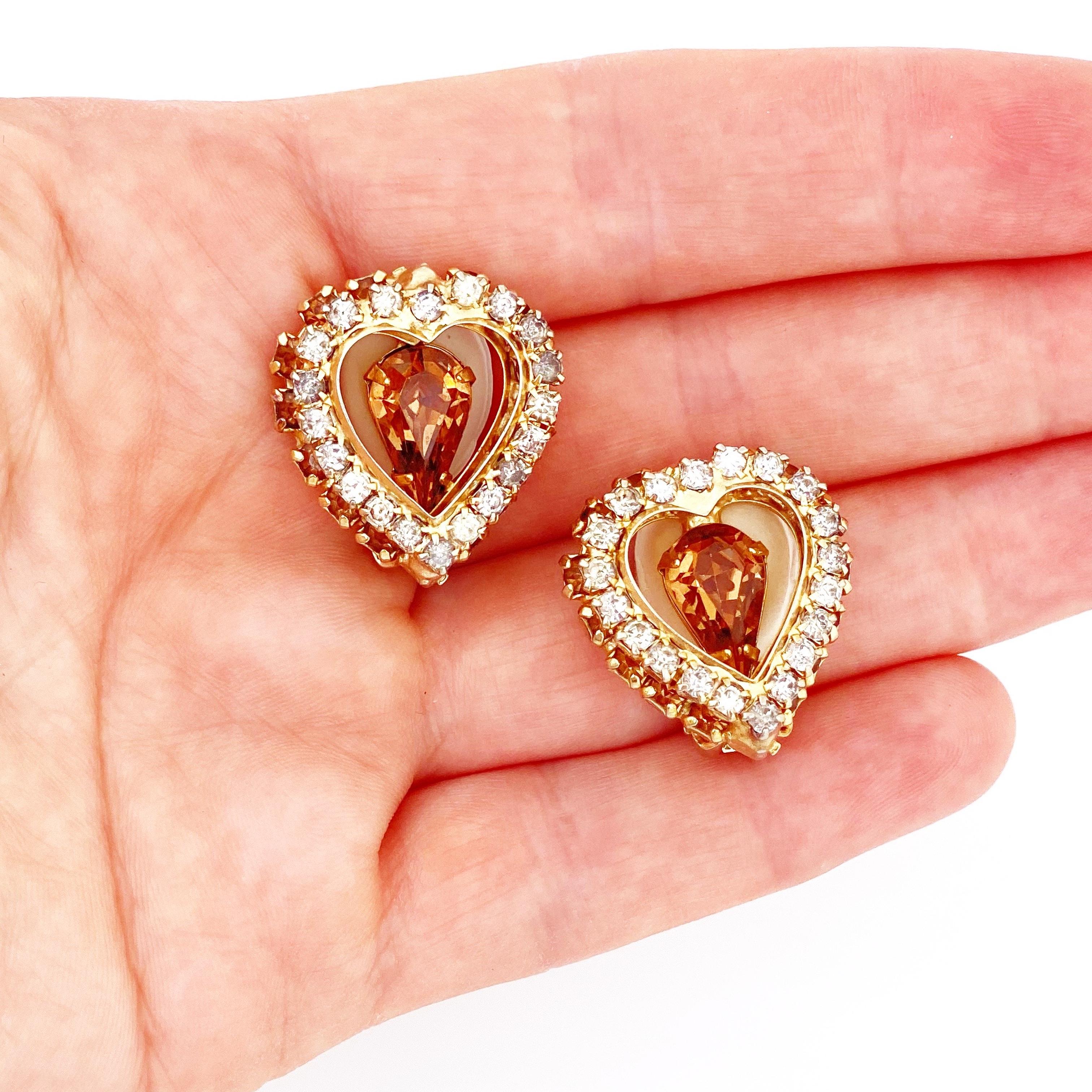 Women's Rhinestone Heart Earrings With Smoked Topaz Crystals By Joseph Warner, 1960s For Sale