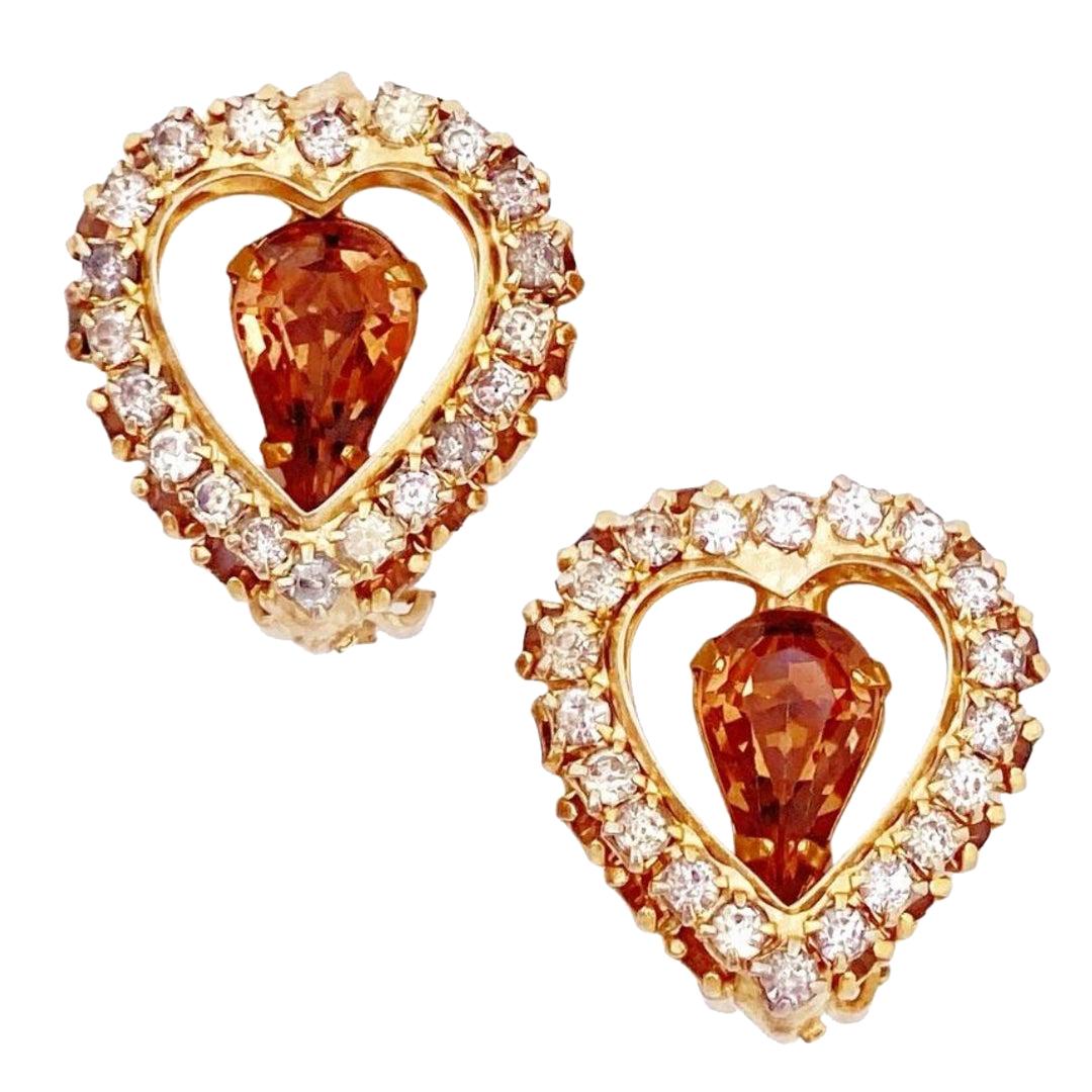 Rhinestone Heart Earrings With Smoked Topaz Crystals By Joseph Warner, 1960s For Sale