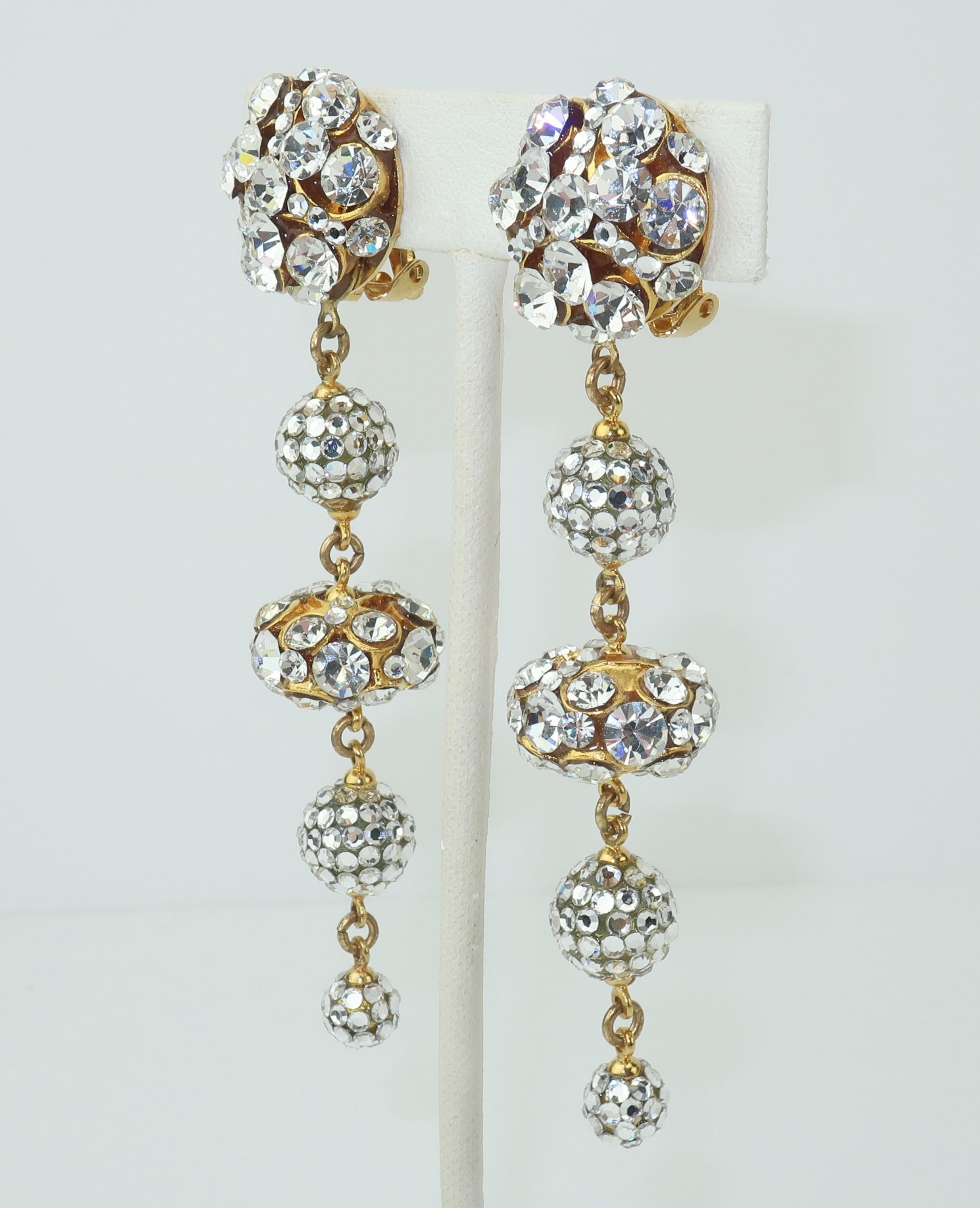 Retro Rhinestone & Pave Crystal Dangle Drop Earrings, C.1980