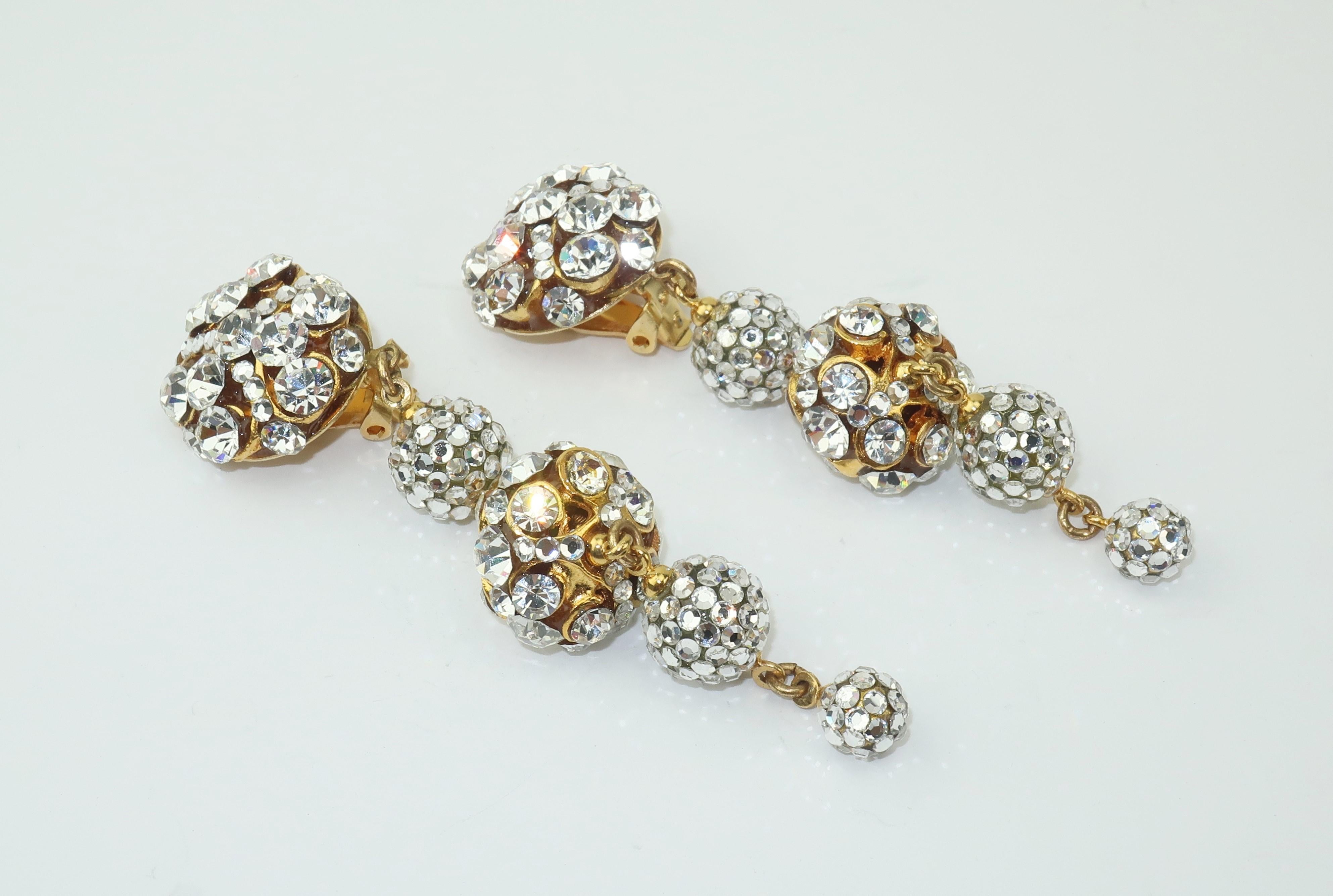 Rhinestone & Pave Crystal Dangle Drop Earrings, C.1980 1