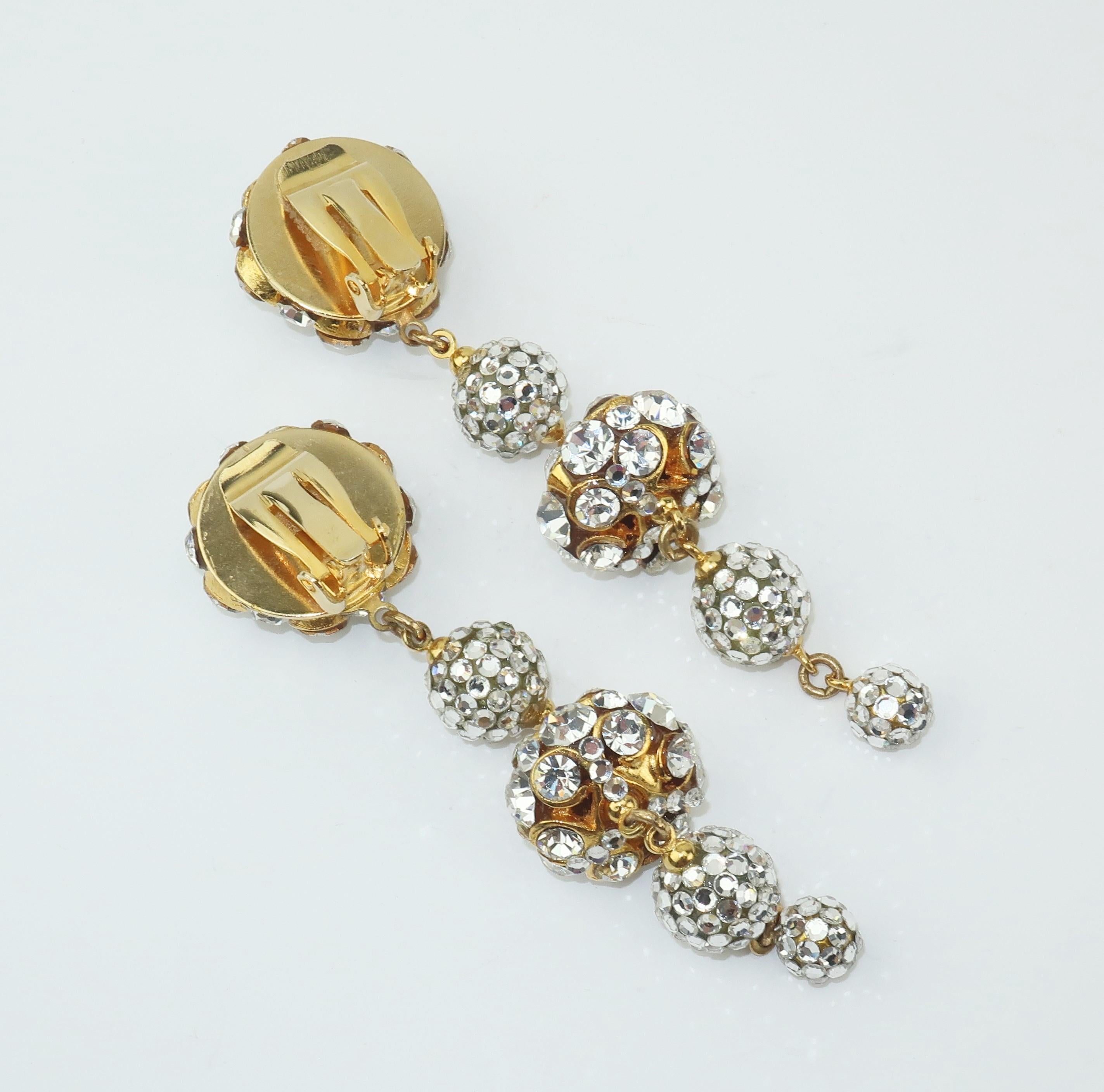 Rhinestone & Pave Crystal Dangle Drop Earrings, C.1980 2