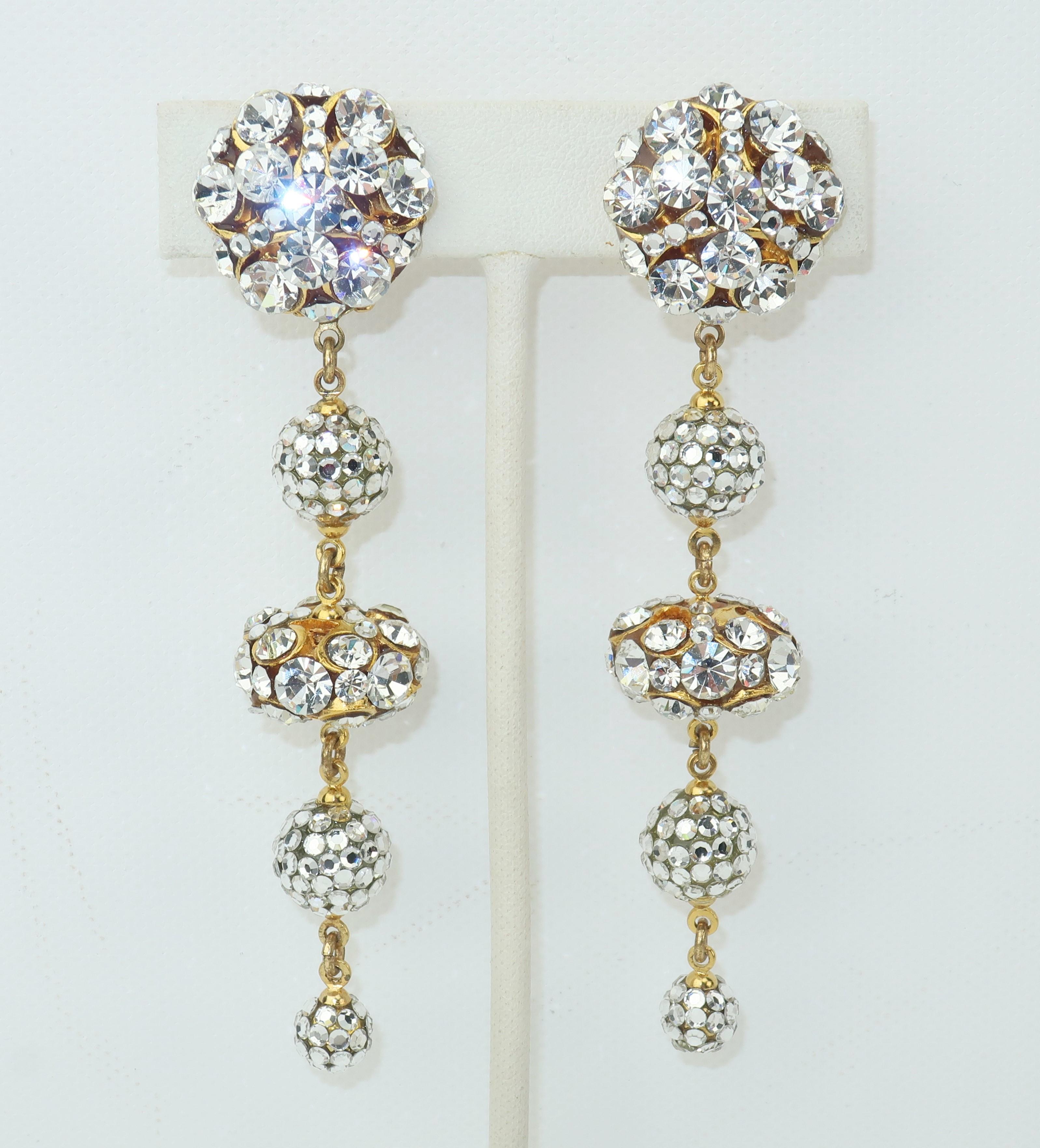 Rhinestone & Pave Crystal Dangle Drop Earrings, C.1980 3