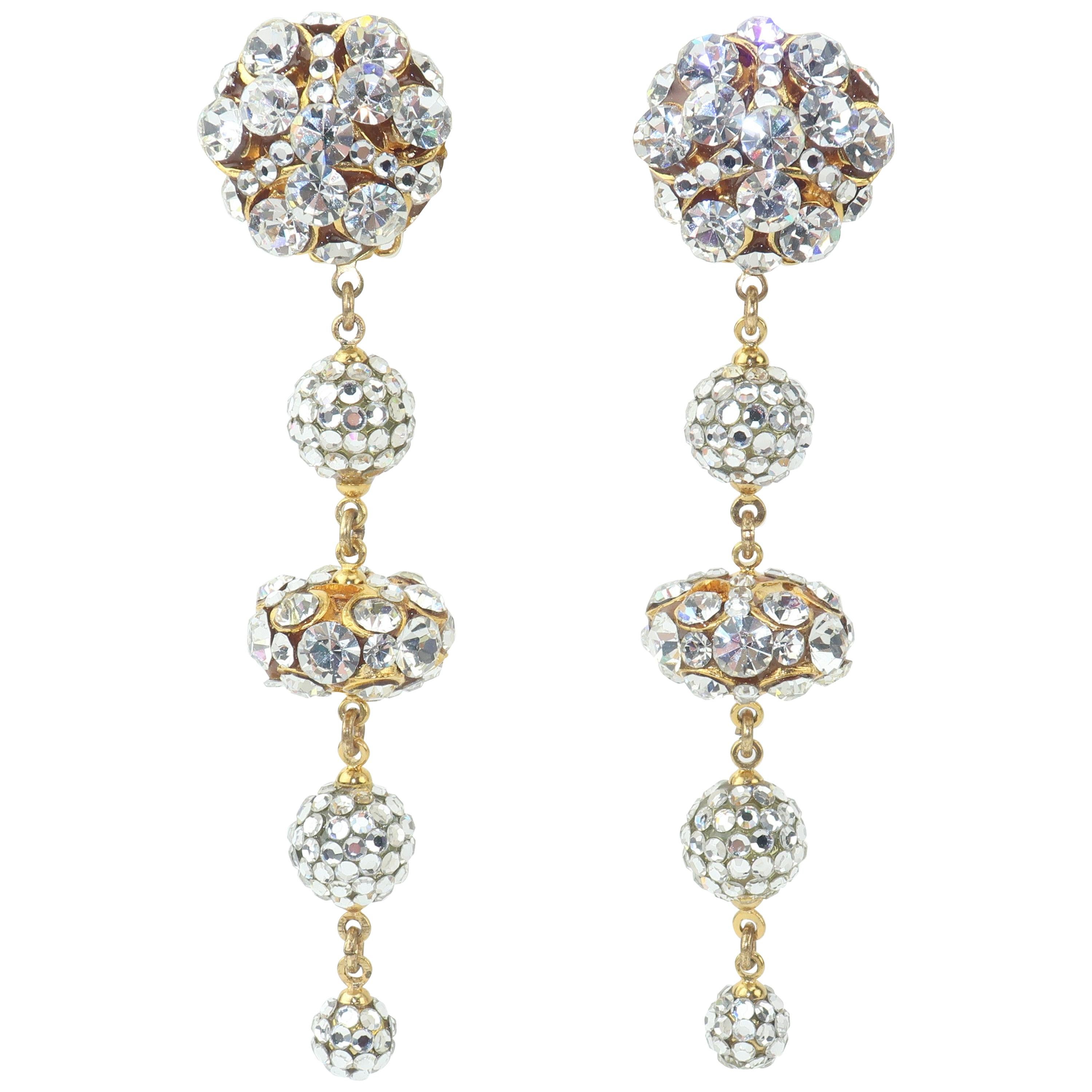 Rhinestone & Pave Crystal Dangle Drop Earrings, C.1980