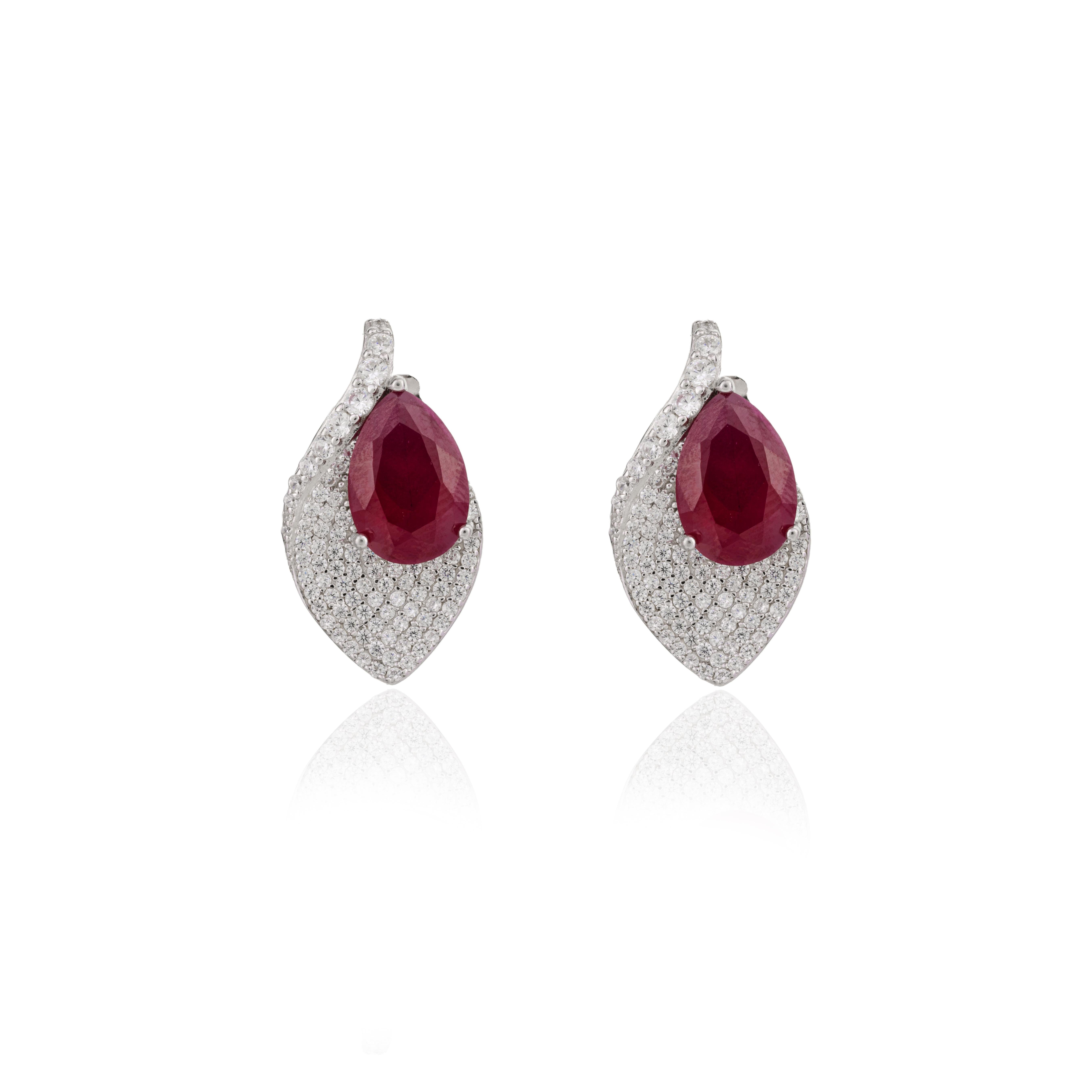 Art Deco Rhinestone Red Pear Leaf Stud Earrings Anniversary for Women in Silver Jewelry For Sale