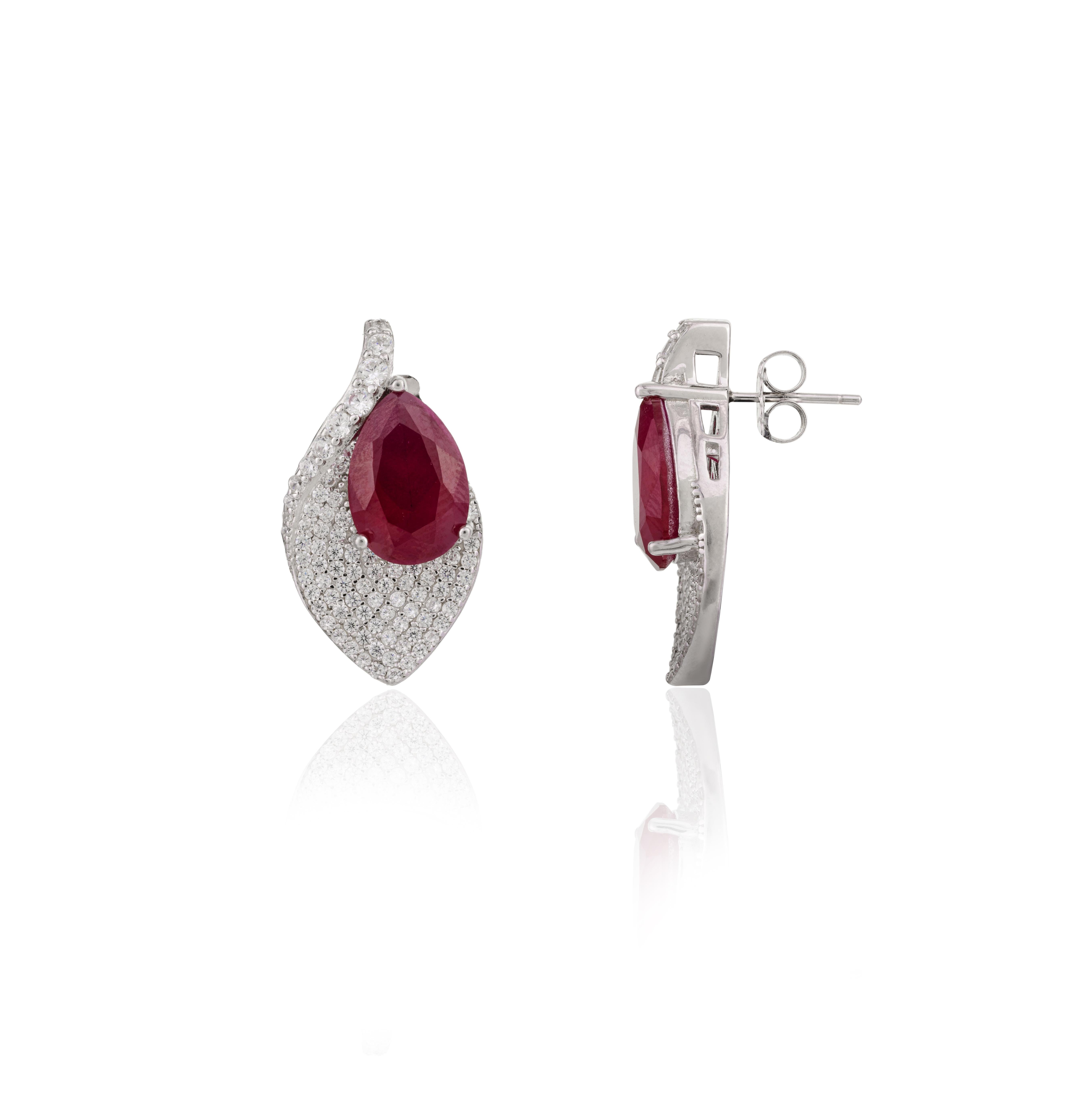 Rhinestone Red Pear Leaf Stud Earrings Anniversary for Women in Silver Jewelry For Sale 1