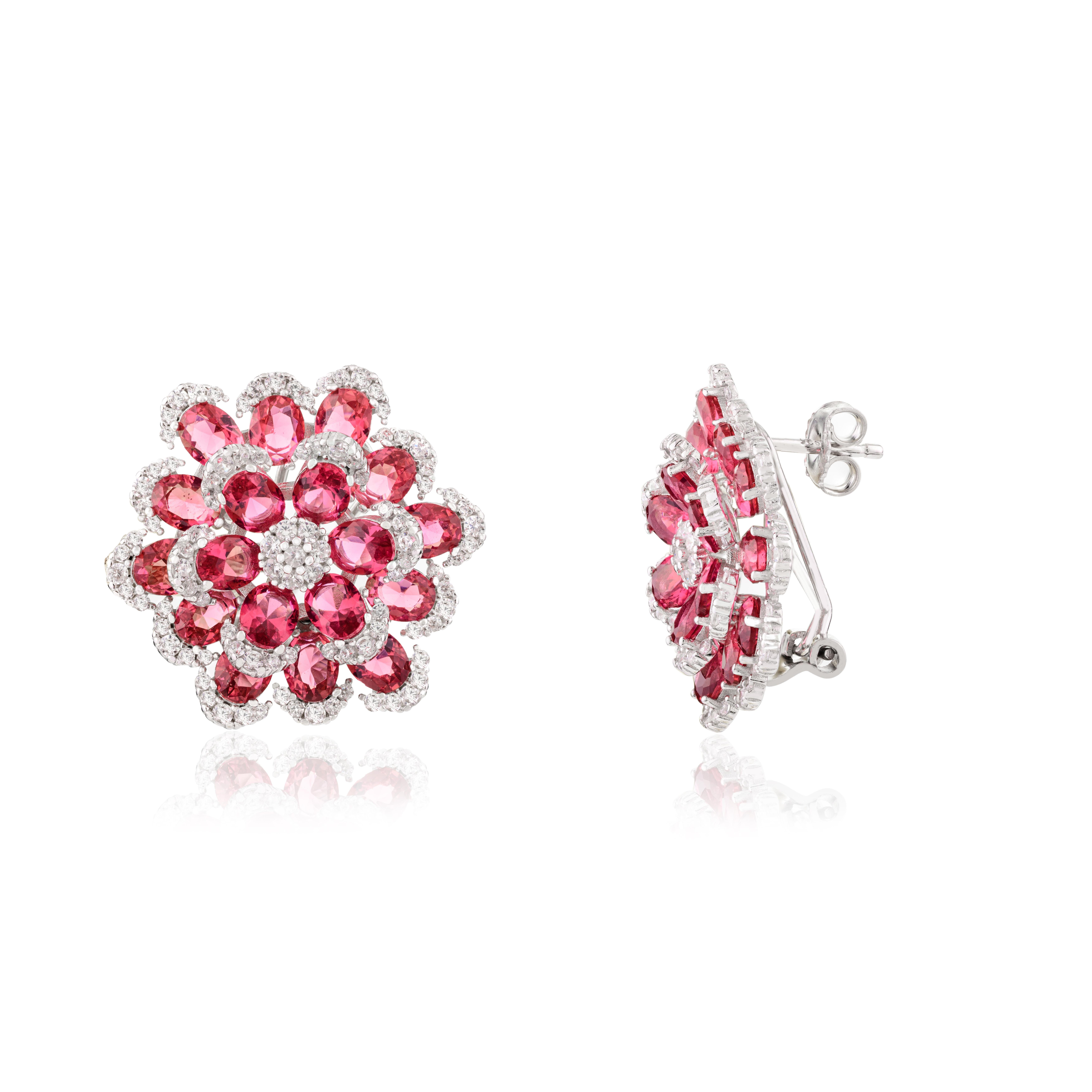 Contemporary Rhinestone Redcolor Flower Pushback Stud Earrings in 925 Sterling Silver for Mom For Sale