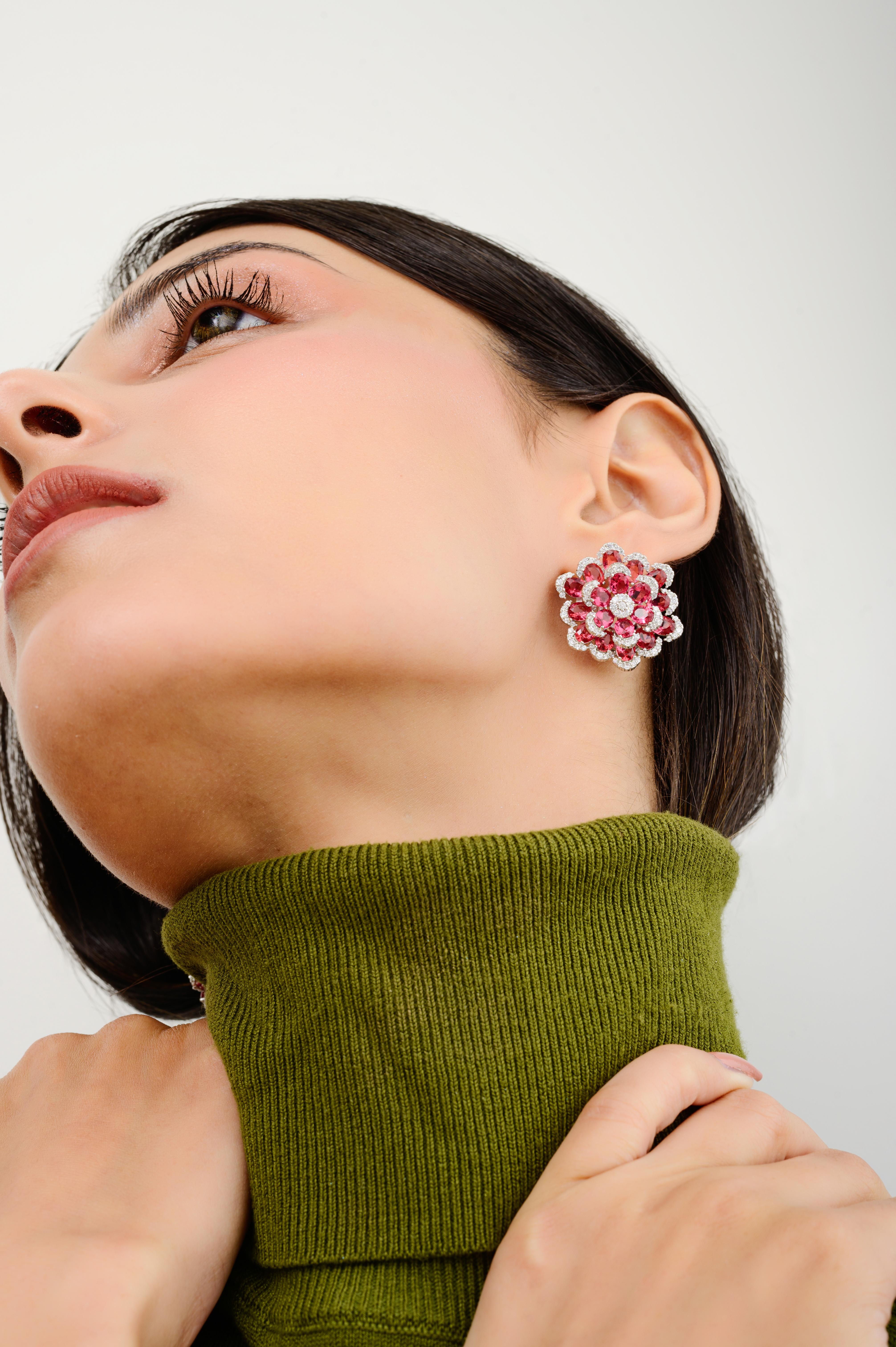 Women's Rhinestone Redcolor Flower Pushback Stud Earrings in 925 Sterling Silver for Mom For Sale