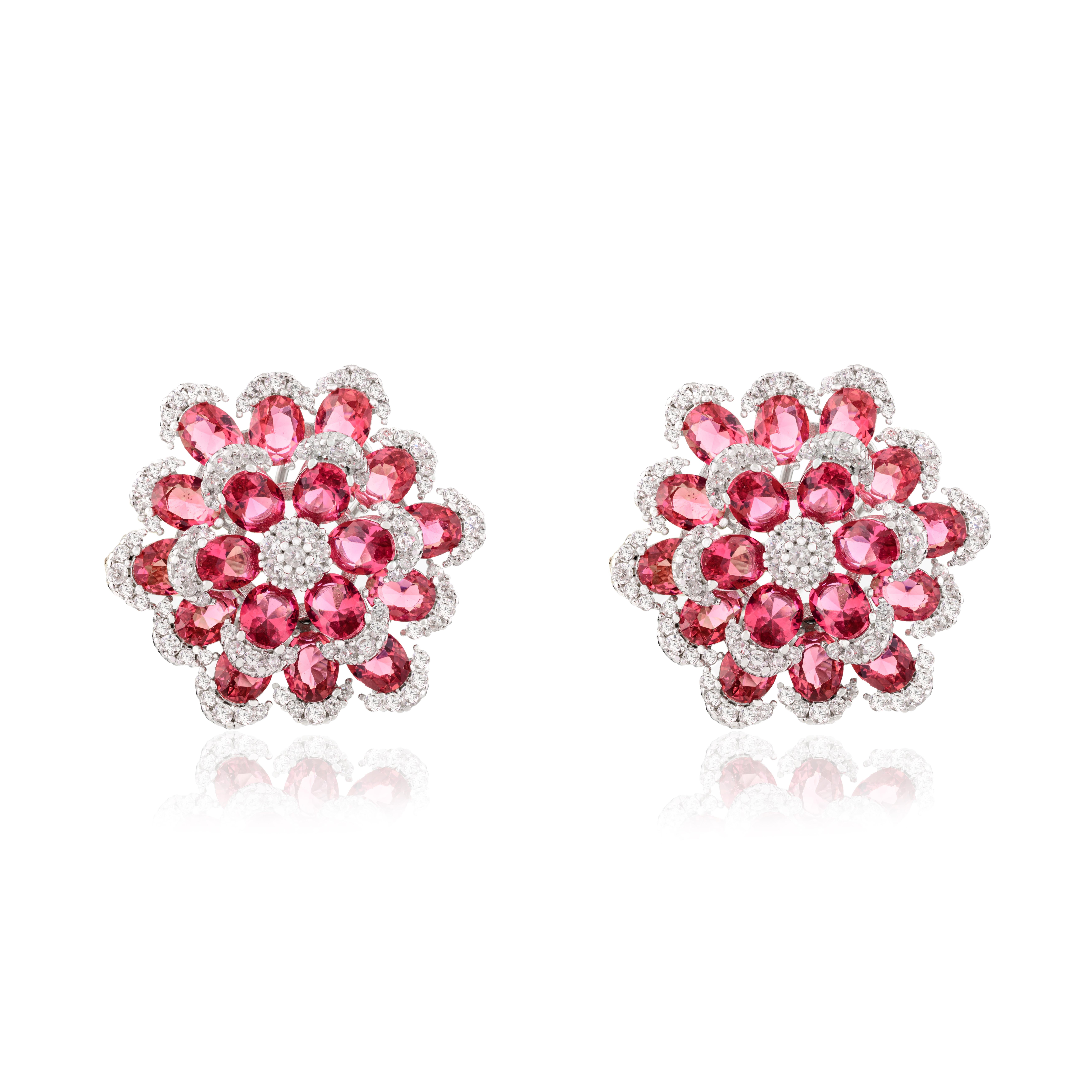Rhinestone Redcolor Flower Pushback Stud Earrings in 925 Sterling Silver for Mom For Sale 1