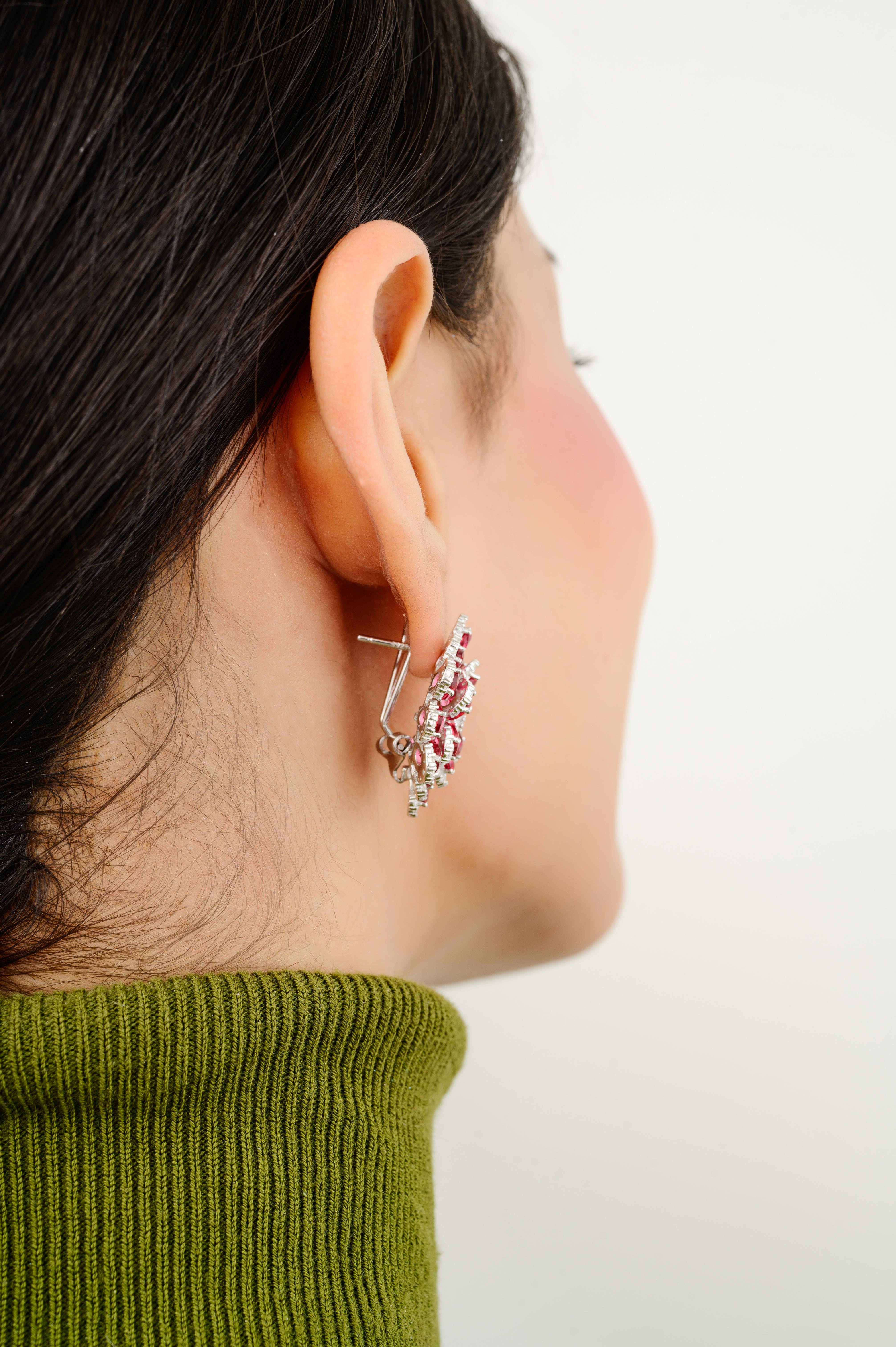 Rhinestone Redcolor Flower Pushback Stud Earrings in 925 Sterling Silver for Mom For Sale 2