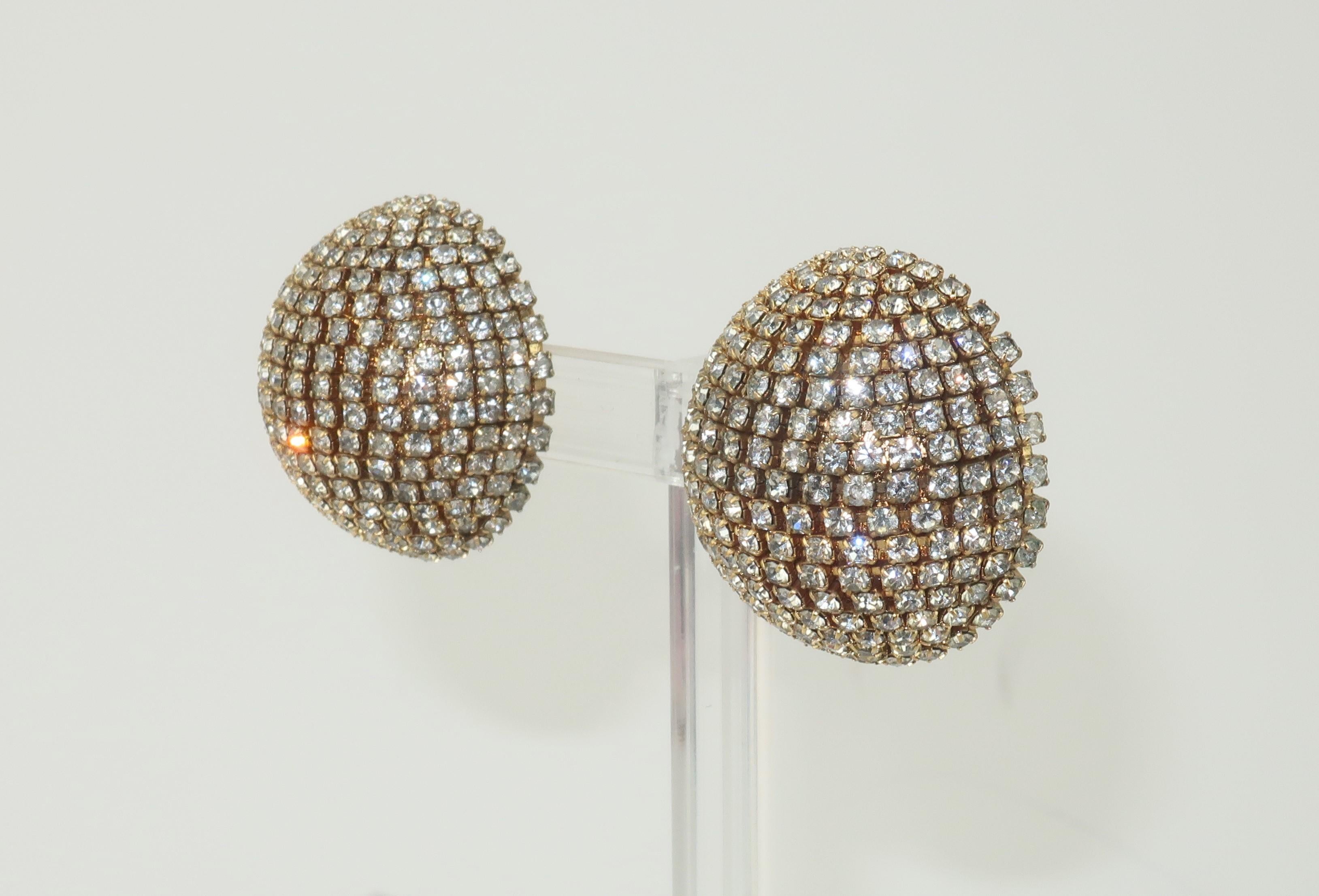 Modern Rhinestone Sphere Clip On Earrings, C.1980 