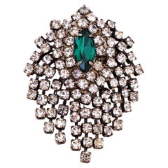 Rhinestone Waterfall Cocktail Brooch With Emerald Marquise Crystal, 1950s