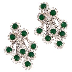 Vintage Rhinestone Waterfall Layered Cocktail Earrings With Green Glass Cabochons, 1950s