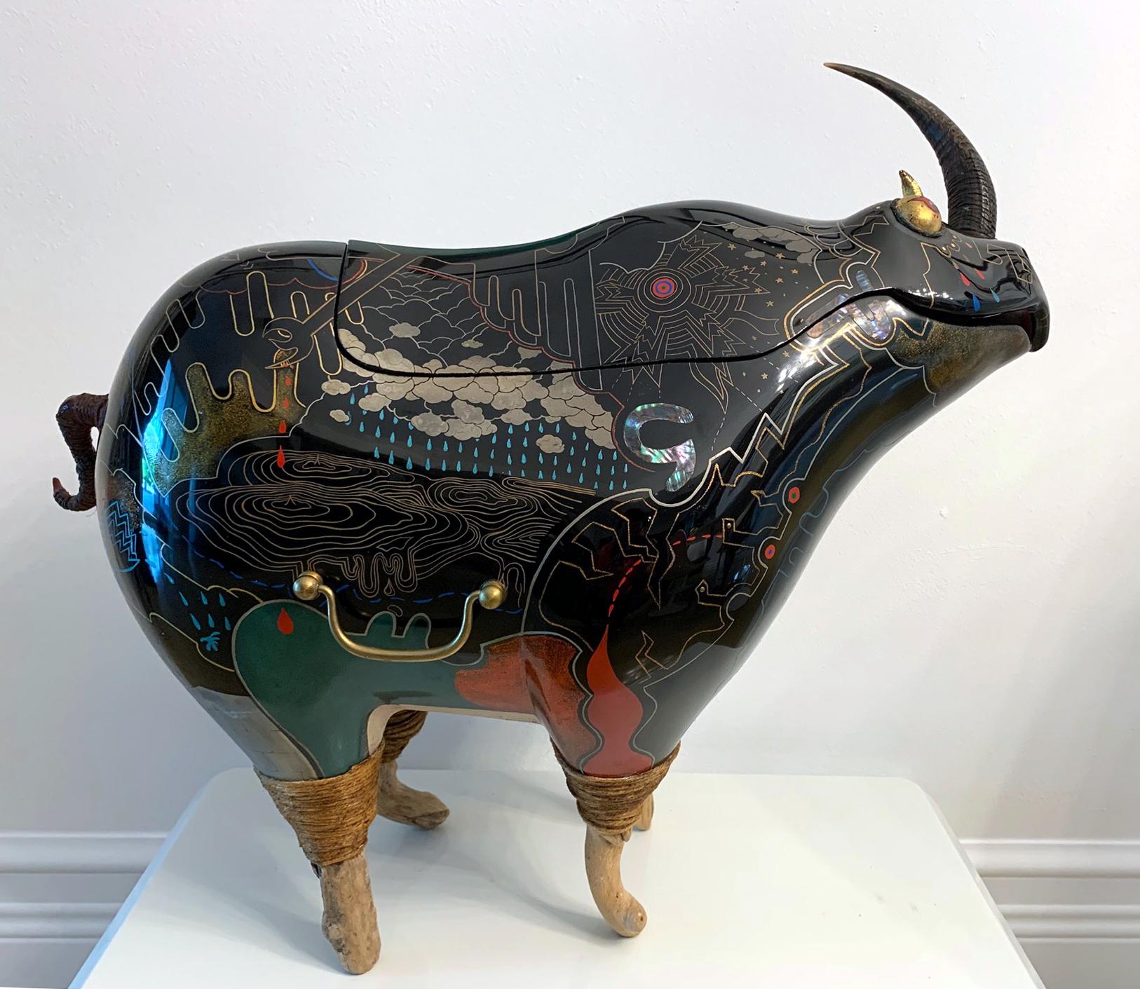 Japanese Lacquer Rhino Sculpture by Someya Satoshi (1983-). A hand-molded lacquer sculpture that depicts a fantasy beast 