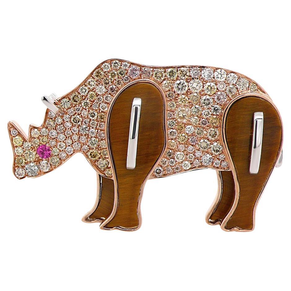 Rhino Fancy Diamond Ruby 
Tiger Eye 18K Rose Gold Pin Brooch For Sale