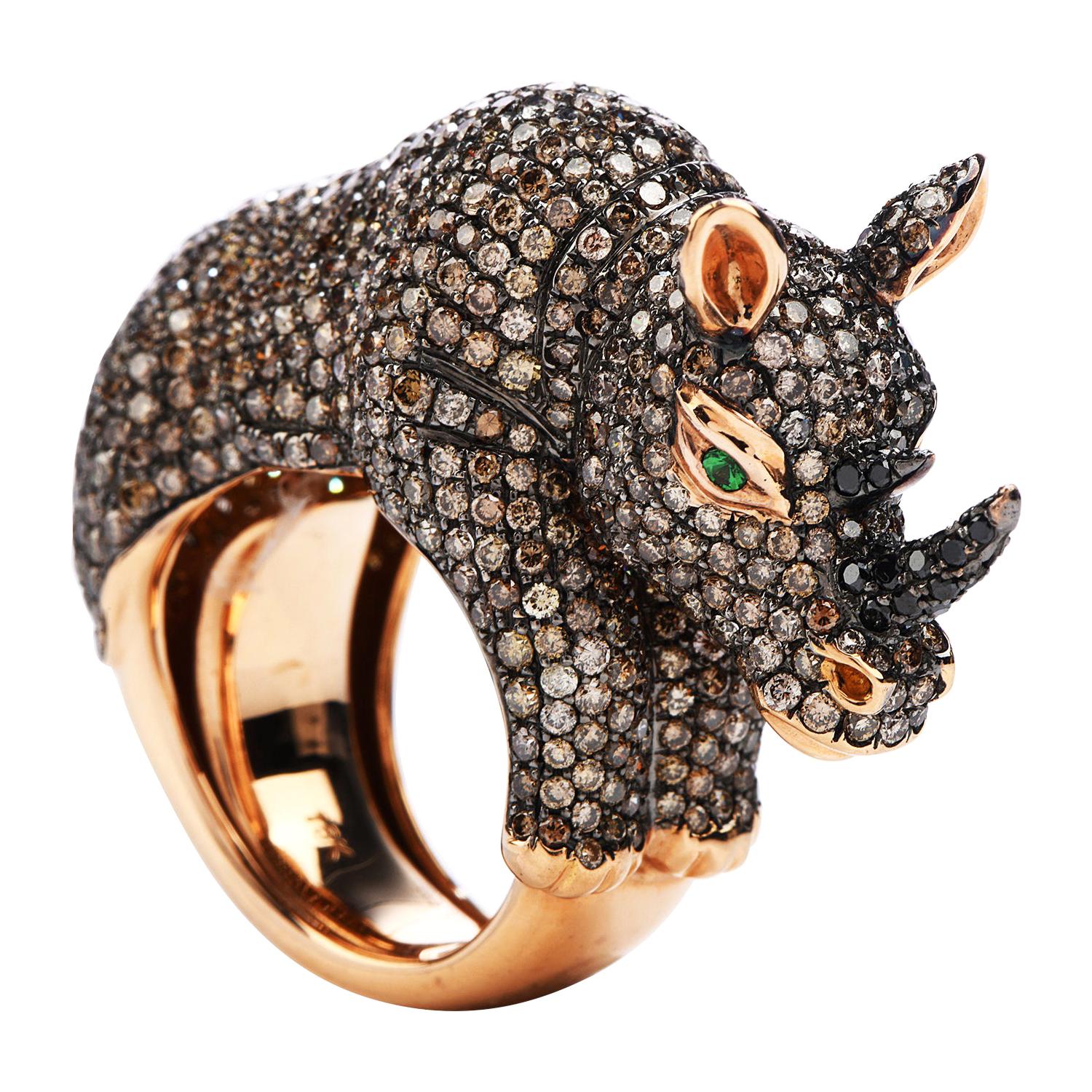 Rhino Golden Brown Diamond Tsavorite 18k Rose Gold Cocktail Animal Ring