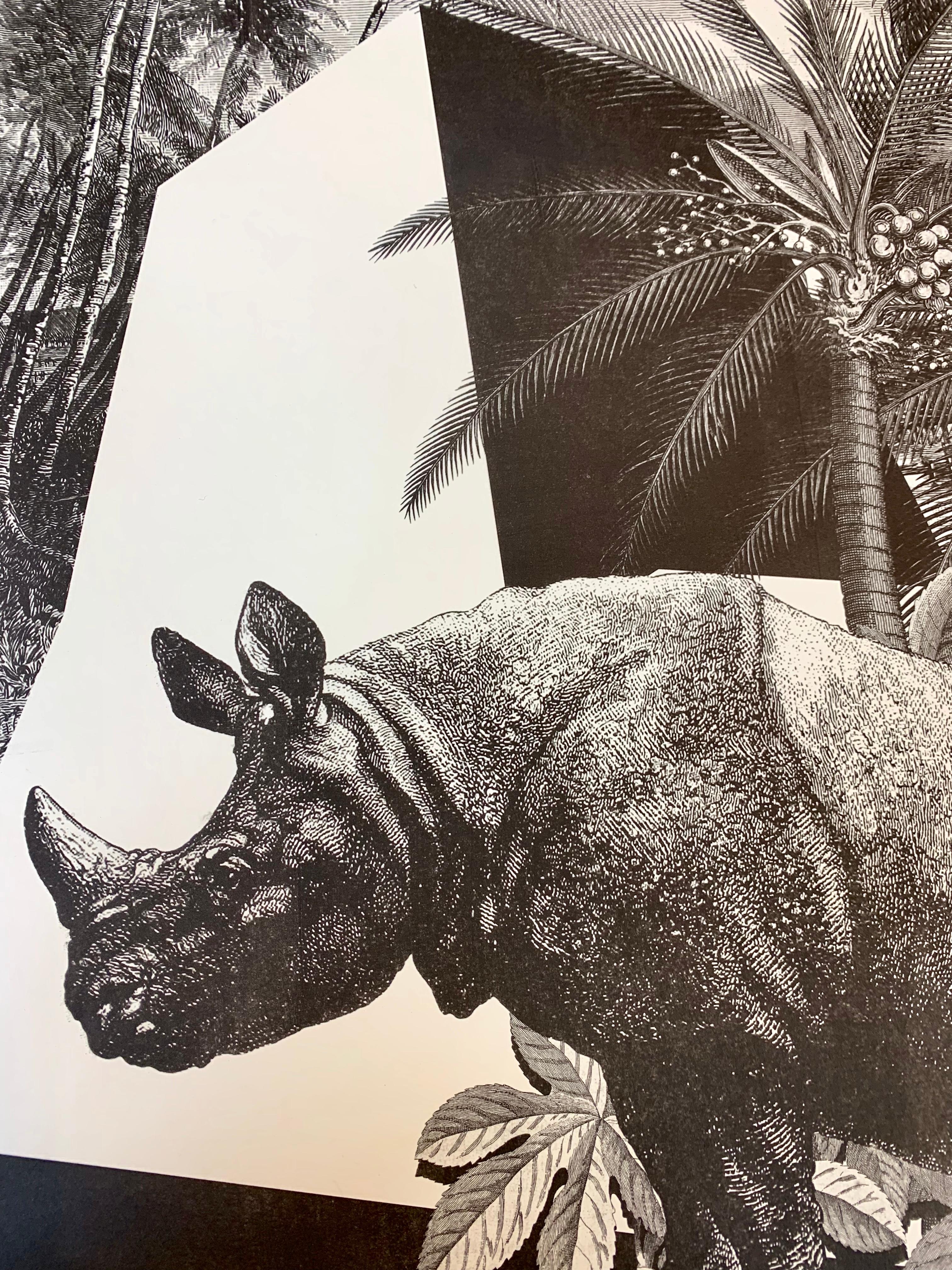 From the limited edition series ''Black & Wild''. Black and white image of tropical fauna and flora handprinted with an antique  press on 100% cotton engraving paper. Panthers rhinos and tropical birds pose against a lush background of
