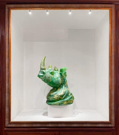 Rhino Head Sculpture green Murano Glass, Pino Signoretto and Seguso Vetri D'Arte