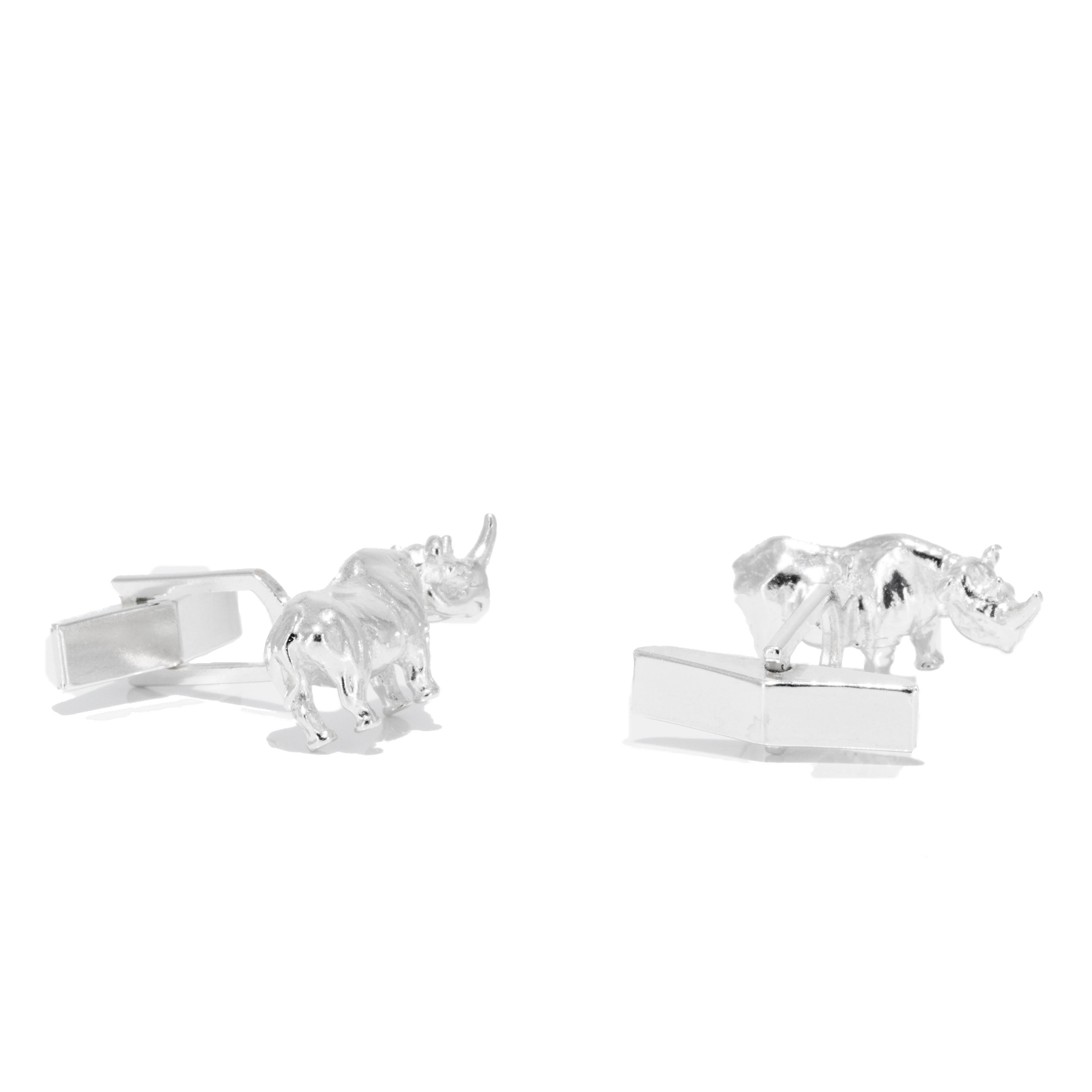 Rhinoceros Cufflinks in Solid Sterling Silver In New Condition For Sale In London, GB