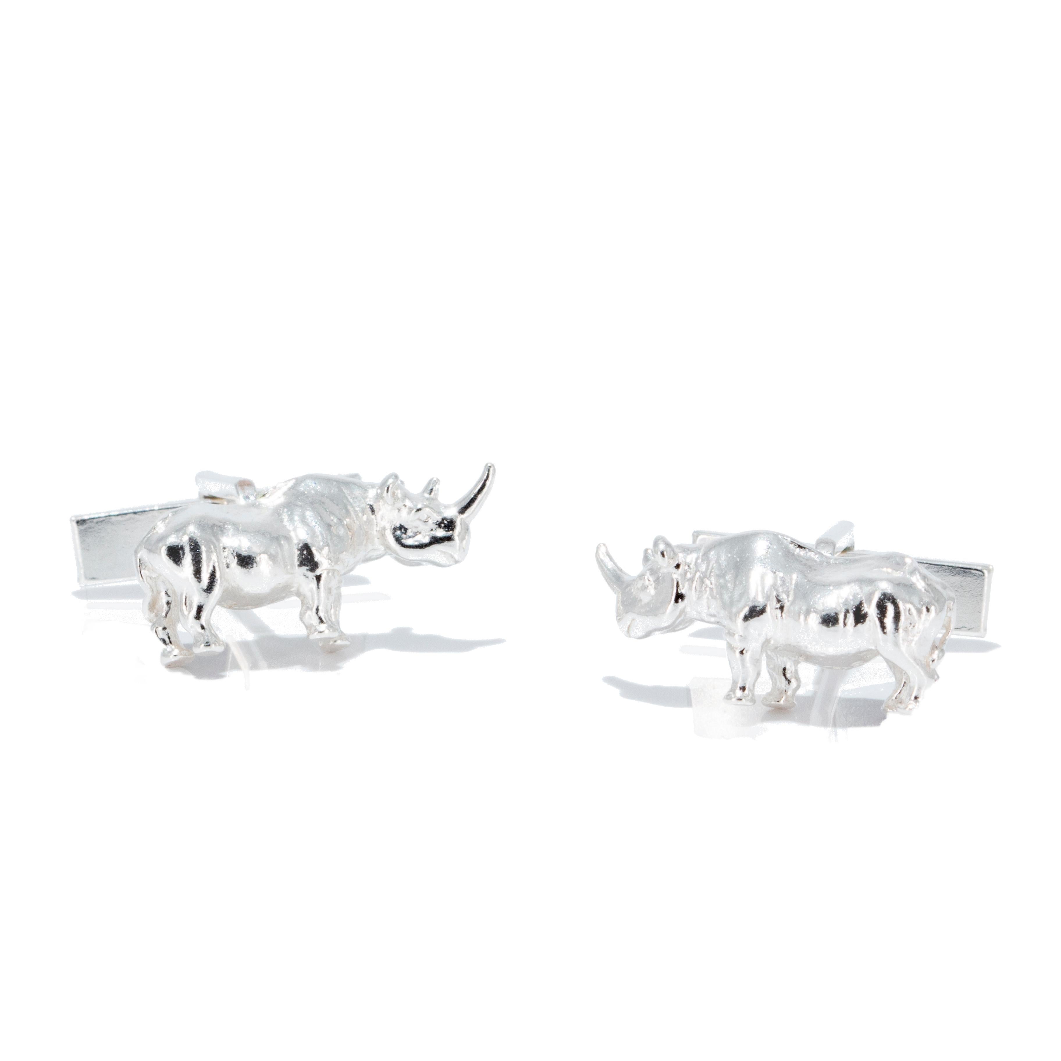 Men's Rhinoceros Cufflinks in Solid Sterling Silver For Sale