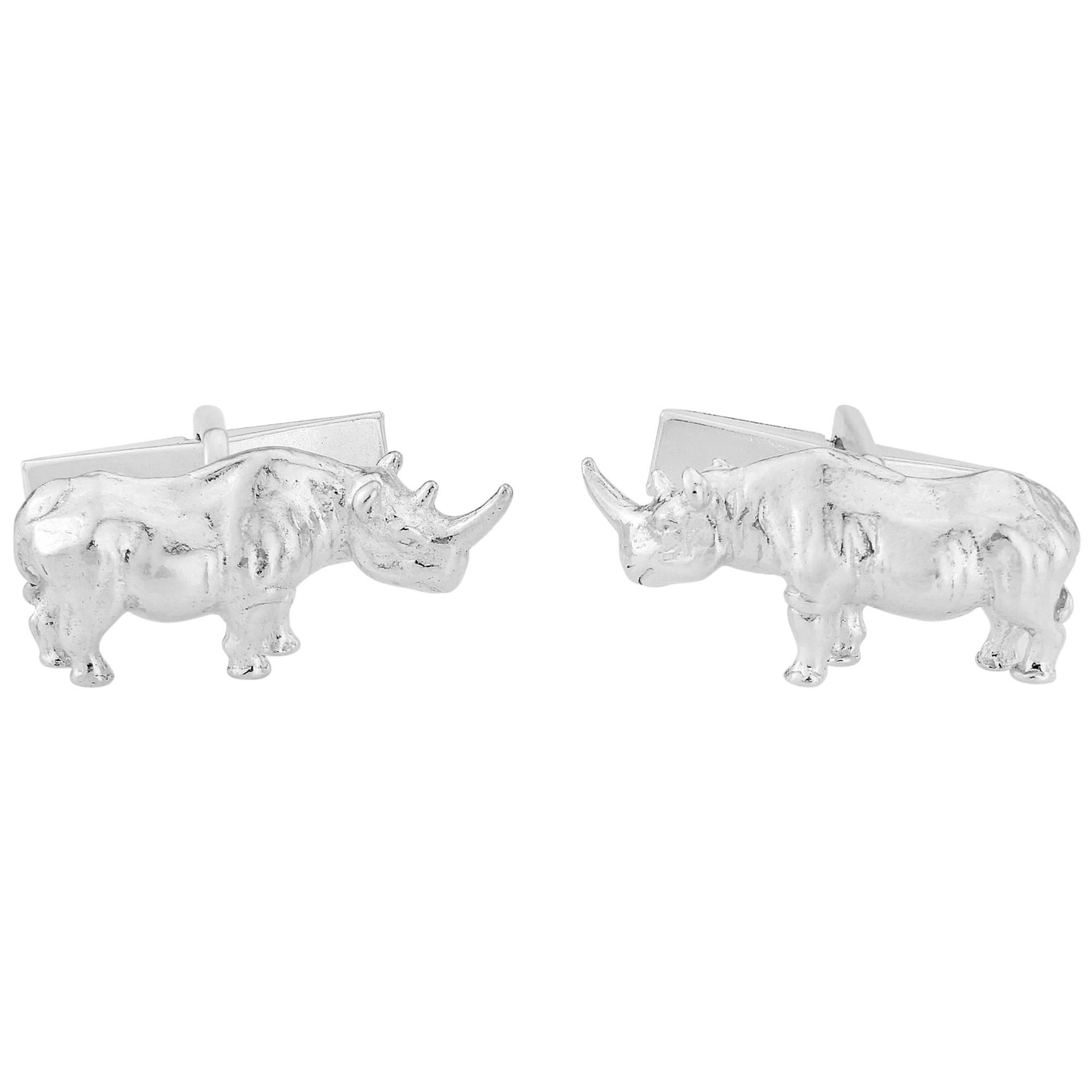 Rhinoceros Cufflinks in Solid Sterling Silver For Sale